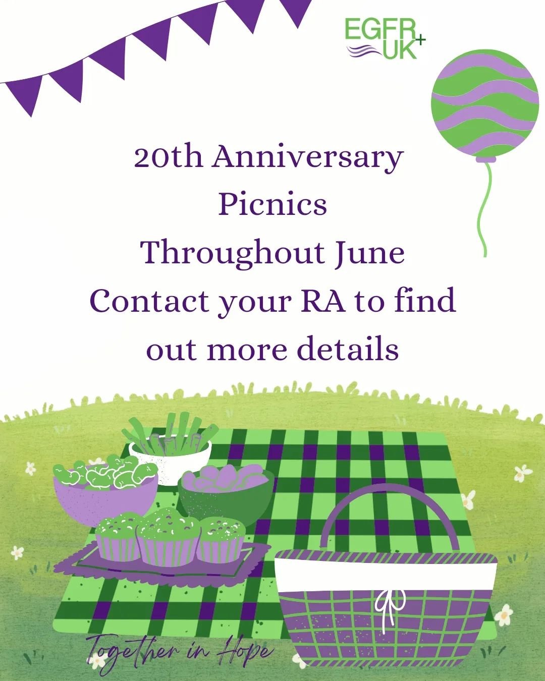 Wednesday June 12th 3024, marks 20 years of the discovery of the EGFR+ gene mutation.  Throughout the month of June, EGFR+UK will be holding a series of picnics to commemorate and celebrate the progress science has made in diagnosing and treating EGF