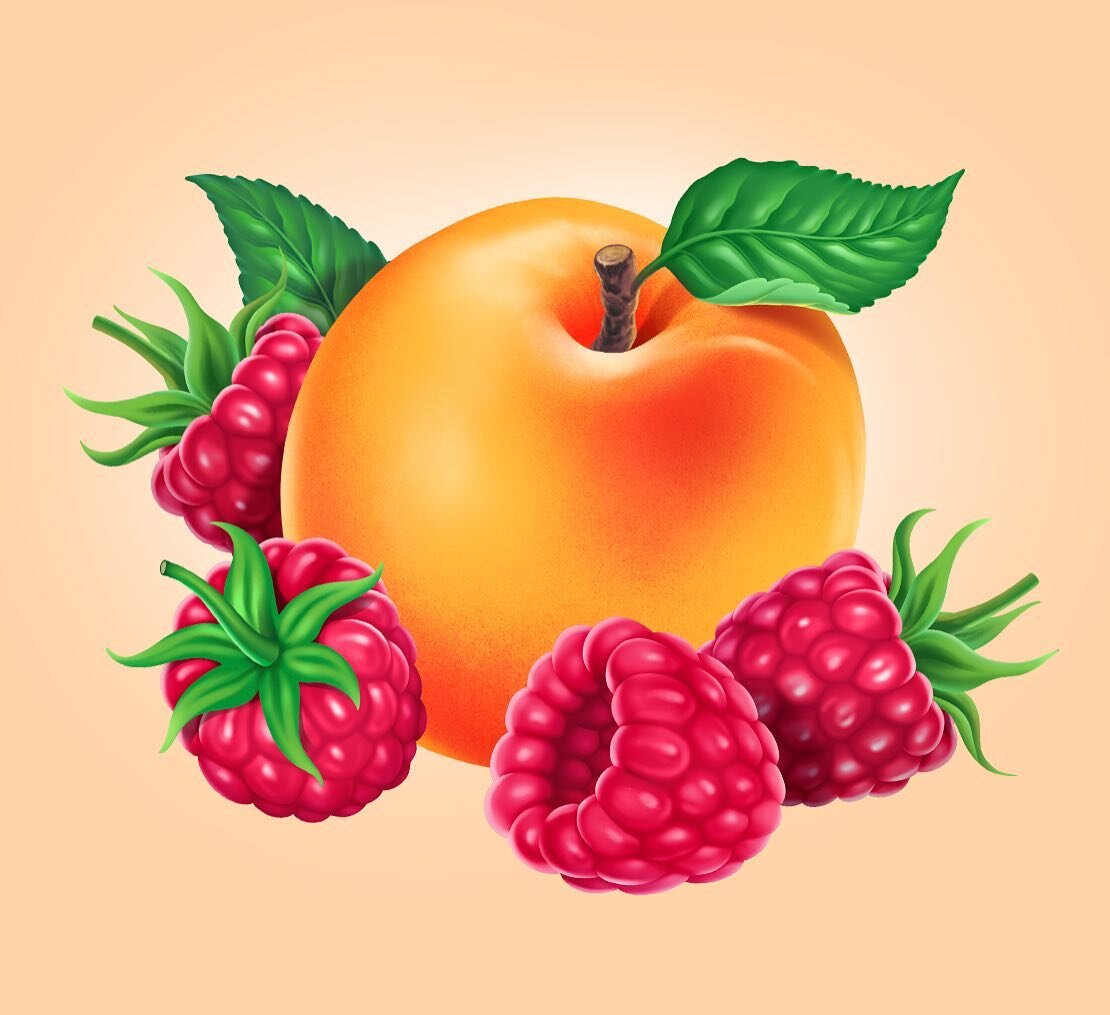 Illustrationer f&ouml;r Haribo DK f&ouml;rpackning. #peach #peachmelba #raspberries #candy #illustration #packagingillustration #tobiasgreenillustration #haribo