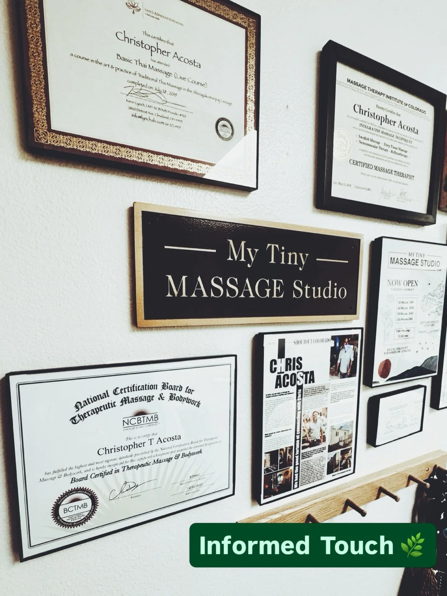 The credentials behind My Tiny Massage Studio &mdash;a board-certified practice dedicated to clinical precision and deep restoration. Every session is backed by 1,500 hours of specialized training (and counting) to ensure your path to recovery is as 
