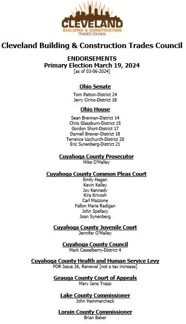 Cleveland Building &amp; Construction Trades Council Endorsements for March 2024 Primary Election