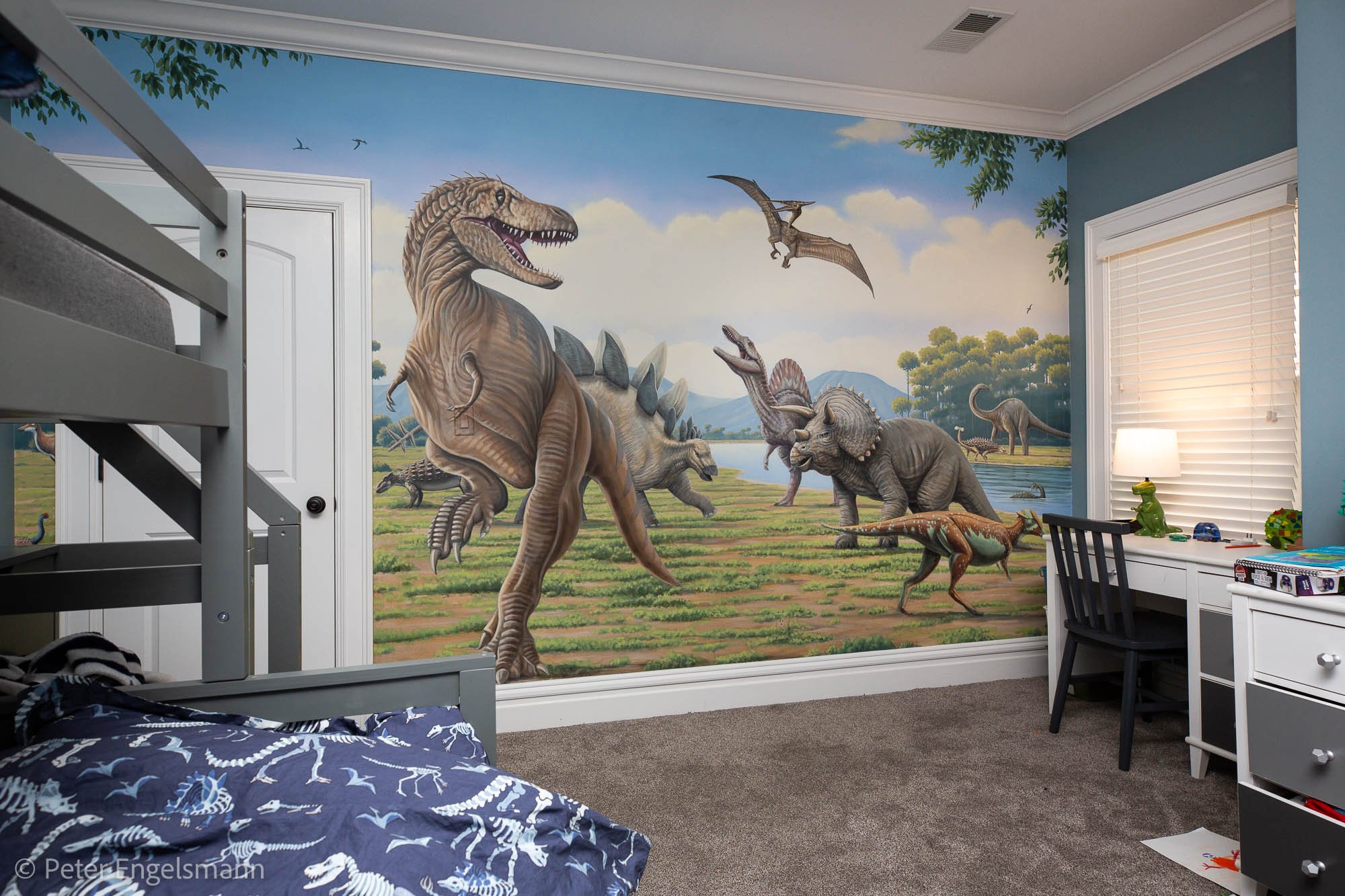  Dinosaur Bedroom Mural, acrylic on wallboard, private residence. © Peter K. Engelsmann 