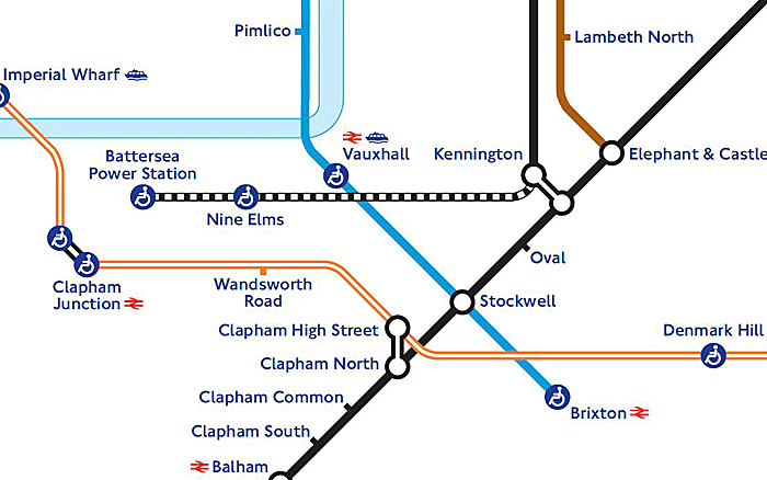 Tube map illustrating extension from Kennington to Battersea