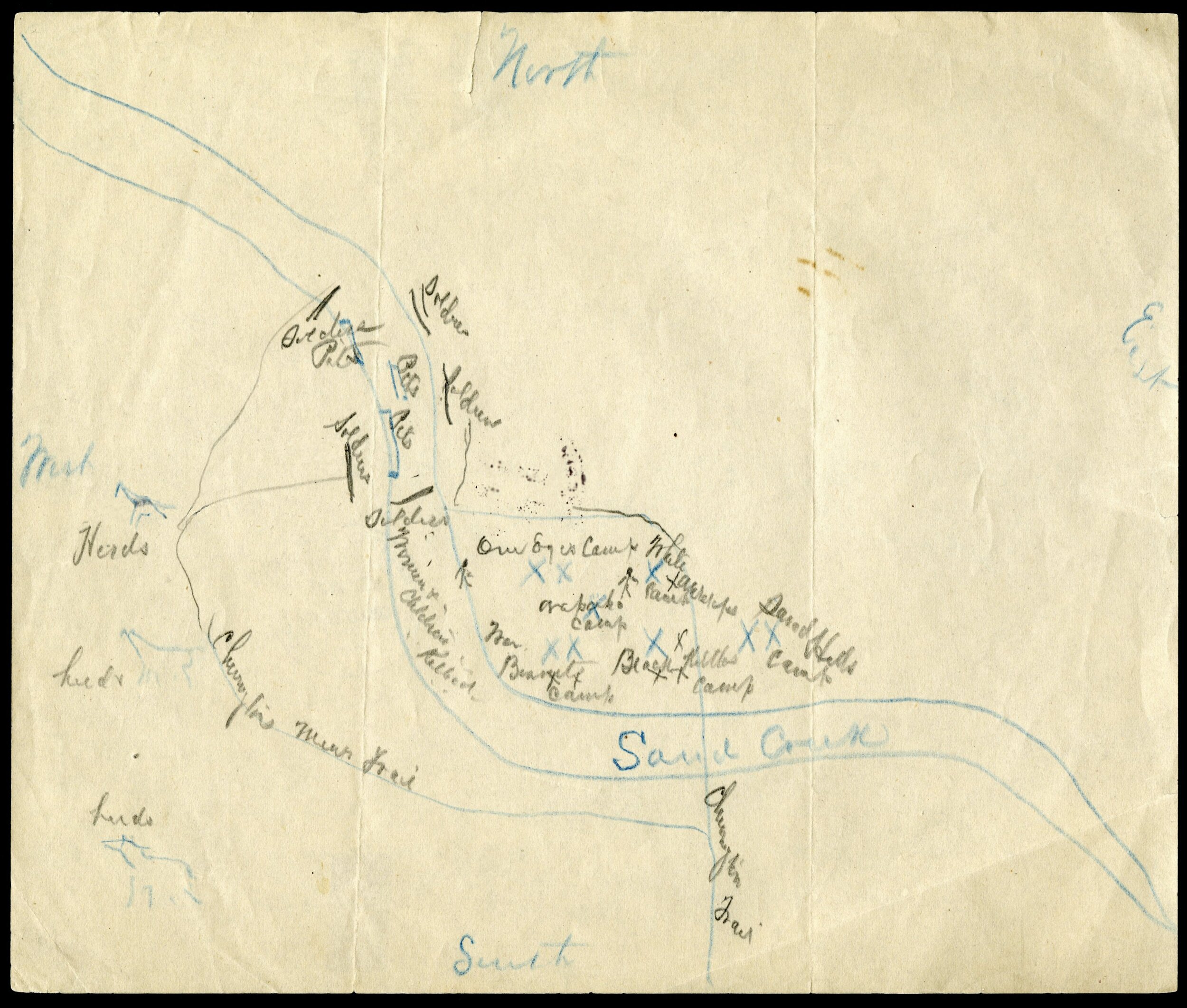George Bent map of Arapahoe positions at Sand Creek