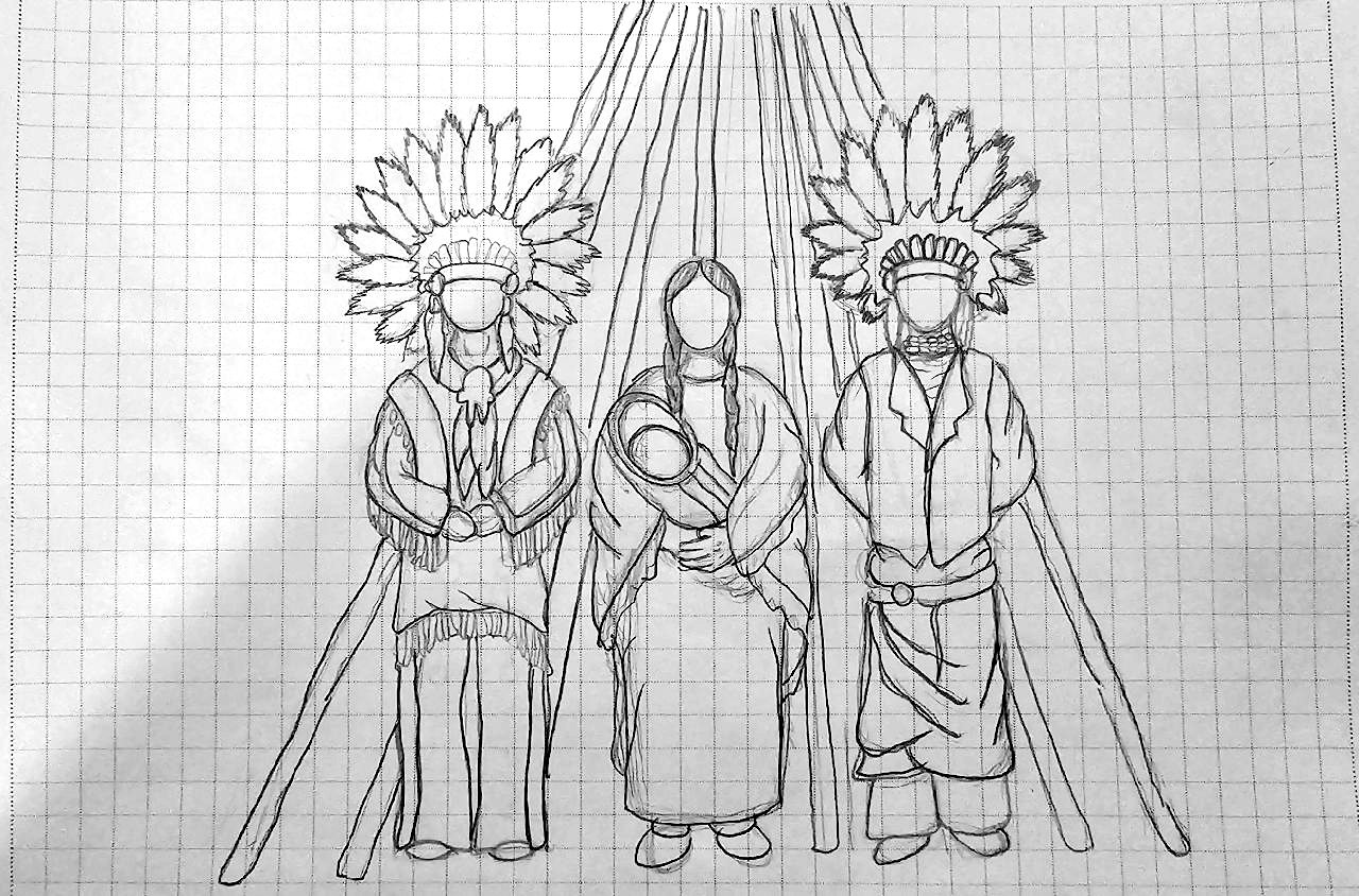 Sketch of Sand Creek Massacre Committee concept for Peace Keepers by Otto Braided Hair III, 2024, courtesy Sand Creek Massacre Foundation.