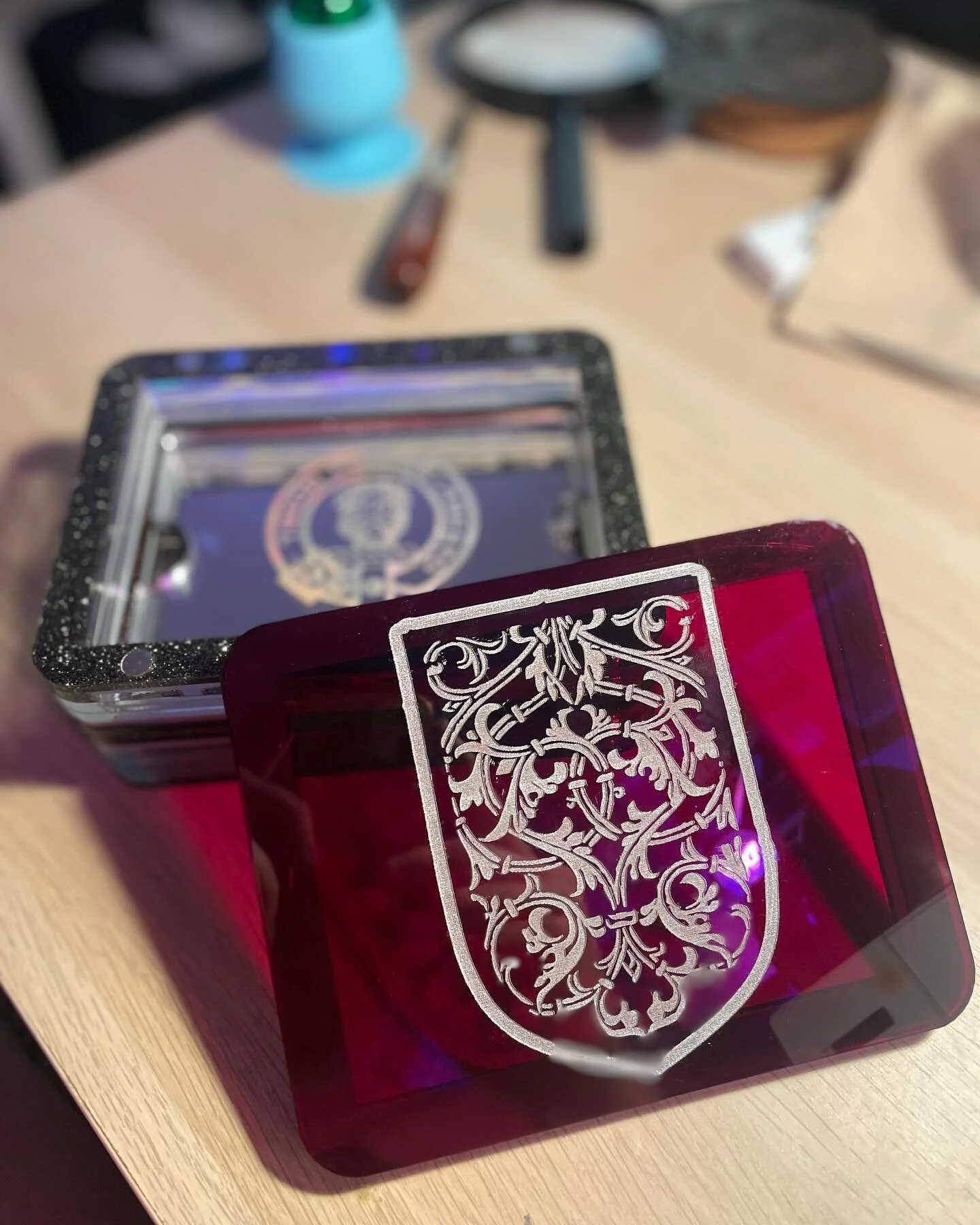 acrylic bridge box. holds two sets of cards,  scorepad, and pencils. magnet closure. :) fun creating this with @marion.mcnabb