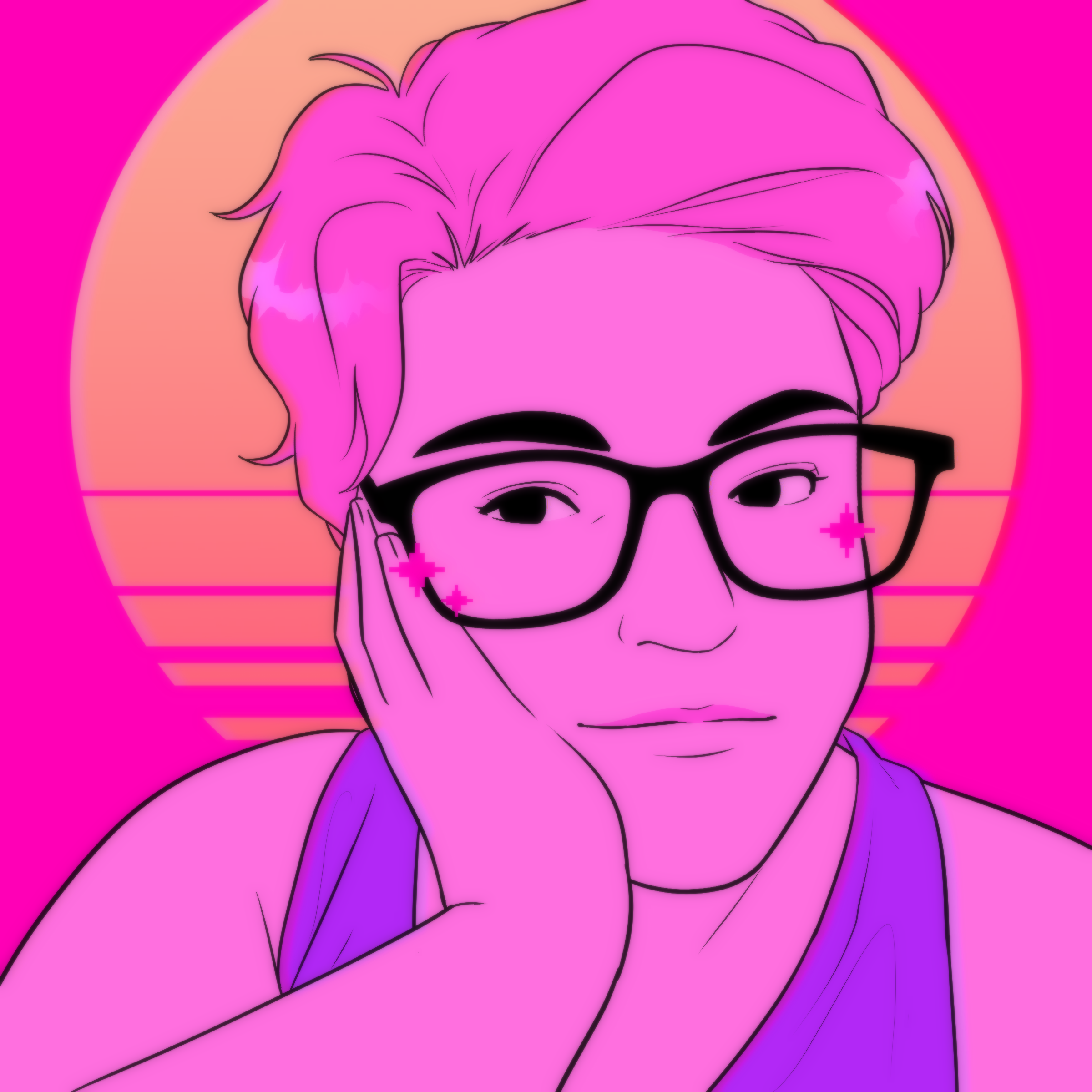 Digital illustration of a woman with pink hair, wearing glasses, resting her chin on her hand, with a vibrant pink and orange background.