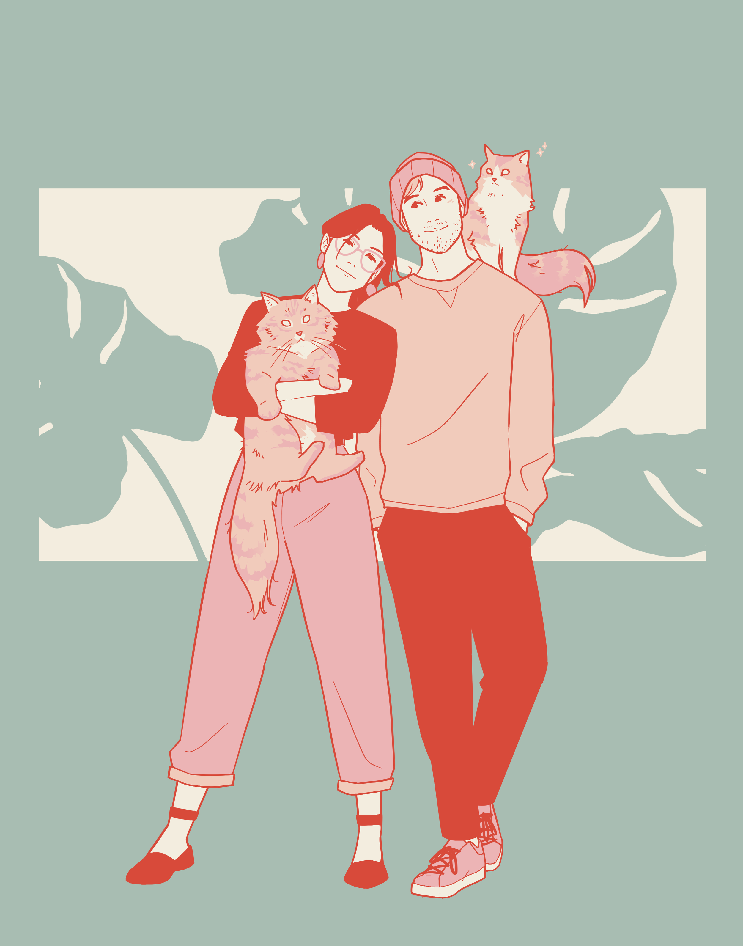 An illustration of a young woman and man standing together, both holding cats, with large leaf shapes in the background.