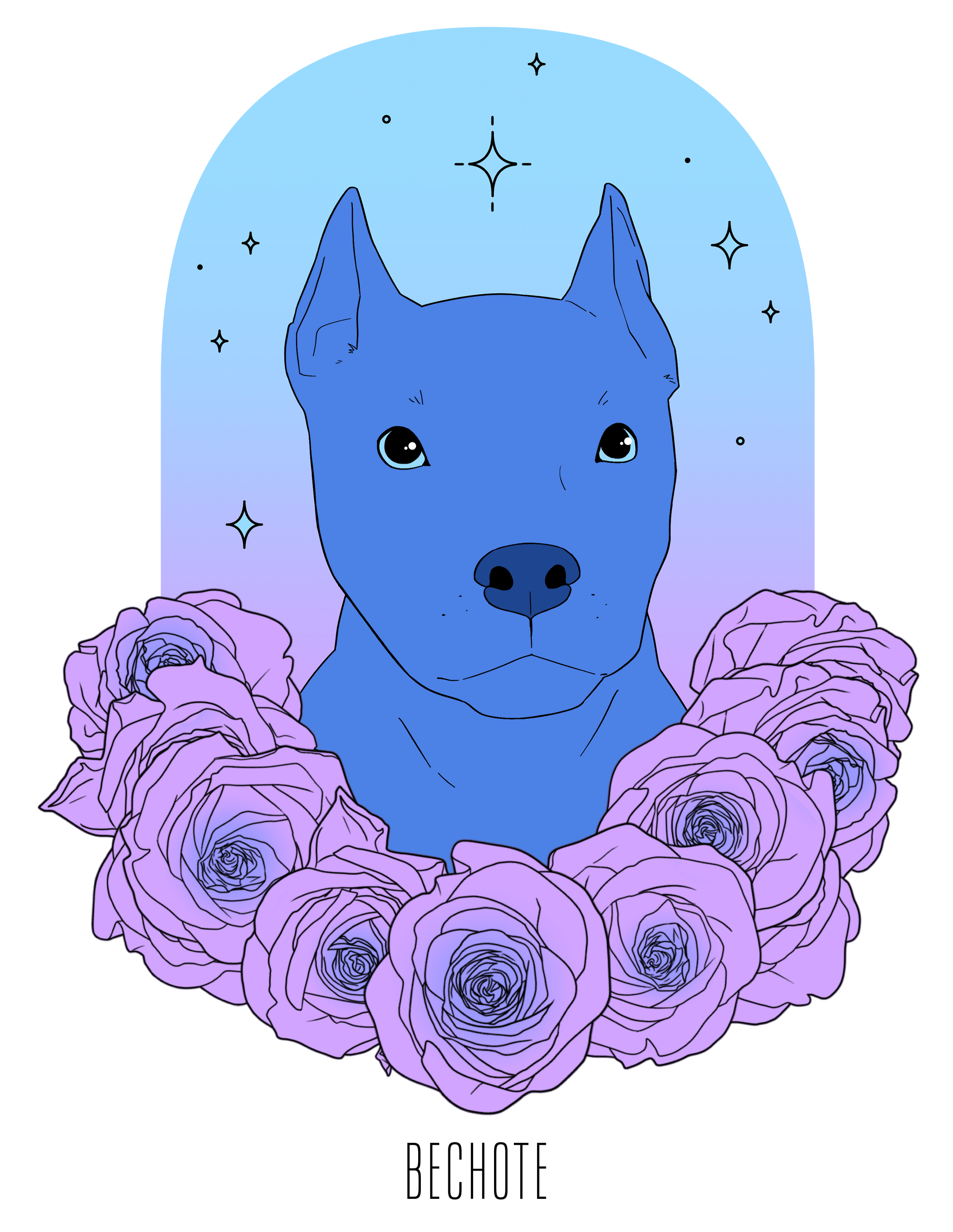 Digital illustration of a blue dog with large eyes, surrounded by purple roses, with a gradient blue and purple background featuring stars and sparkles. The word 'BECHOTE' is written underneath.