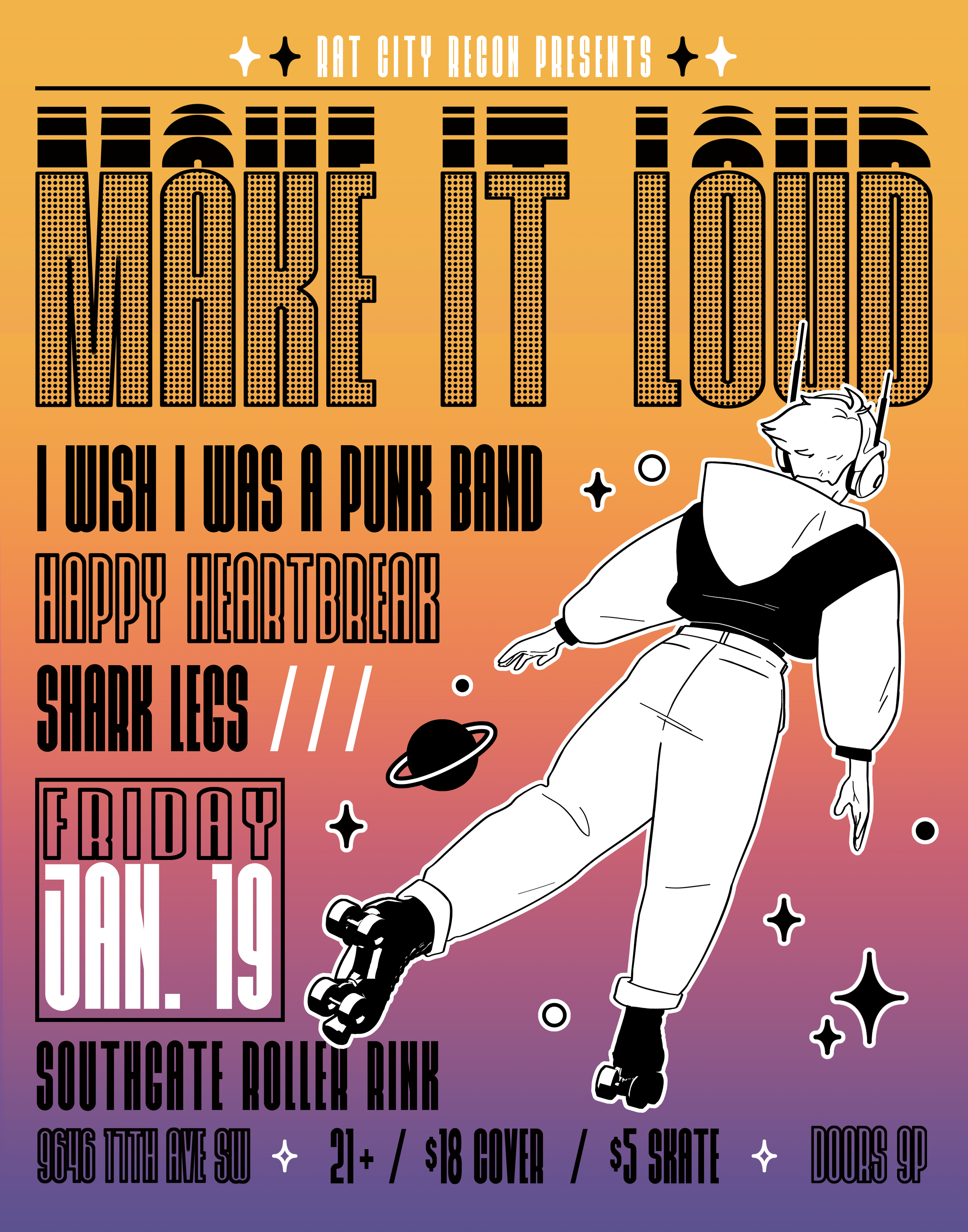 Event poster with a colorful gradient background featuring a stylized illustration of a person wearing roller skates, headphones, and casual clothing, with space and star graphics. 