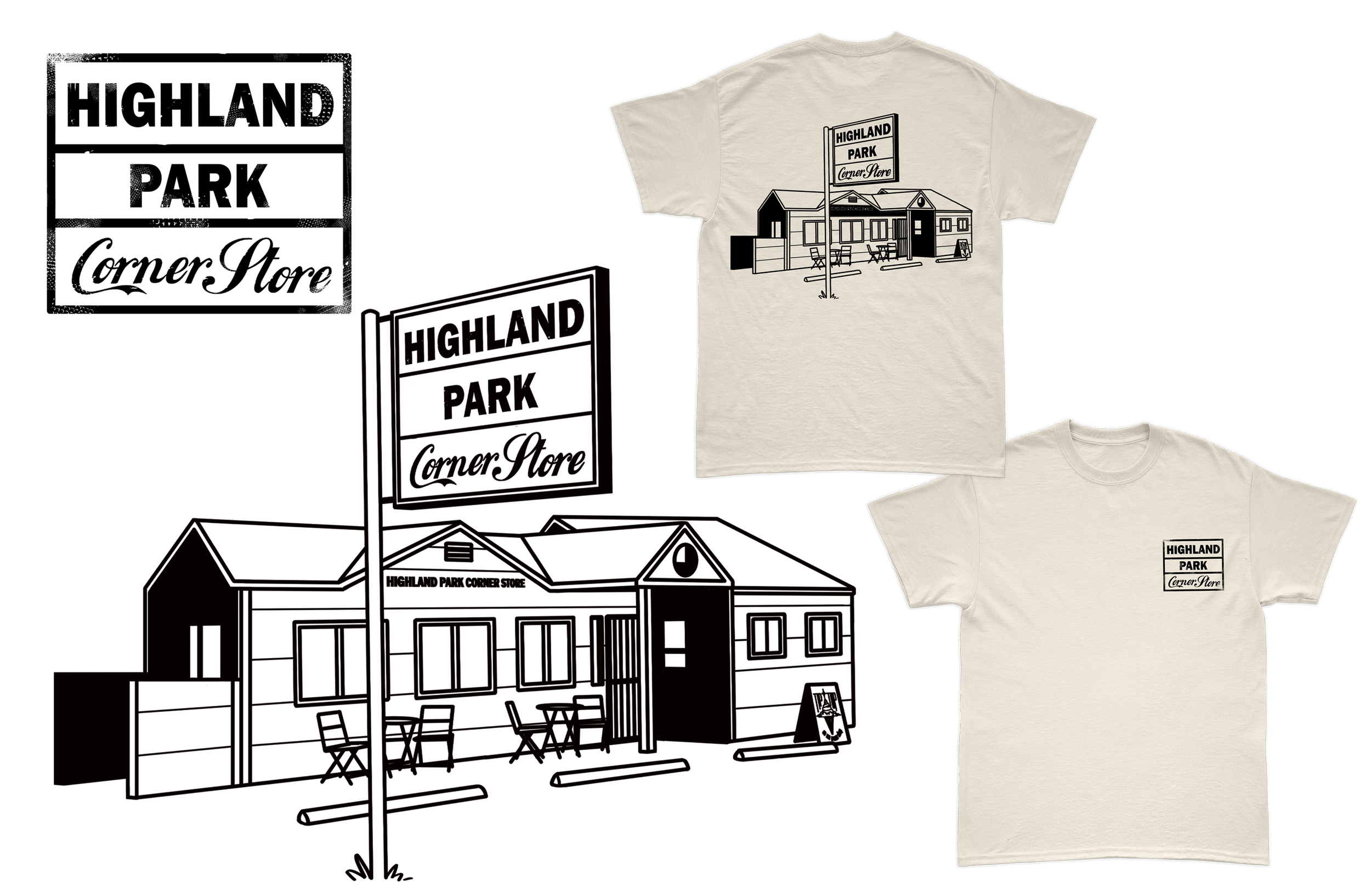 A beige T-shirt with a black line drawing of a building labeled 'Highland Park Corner Store' and a sign reading 'Highland Park Corner Store' on a pole in front of the building.
