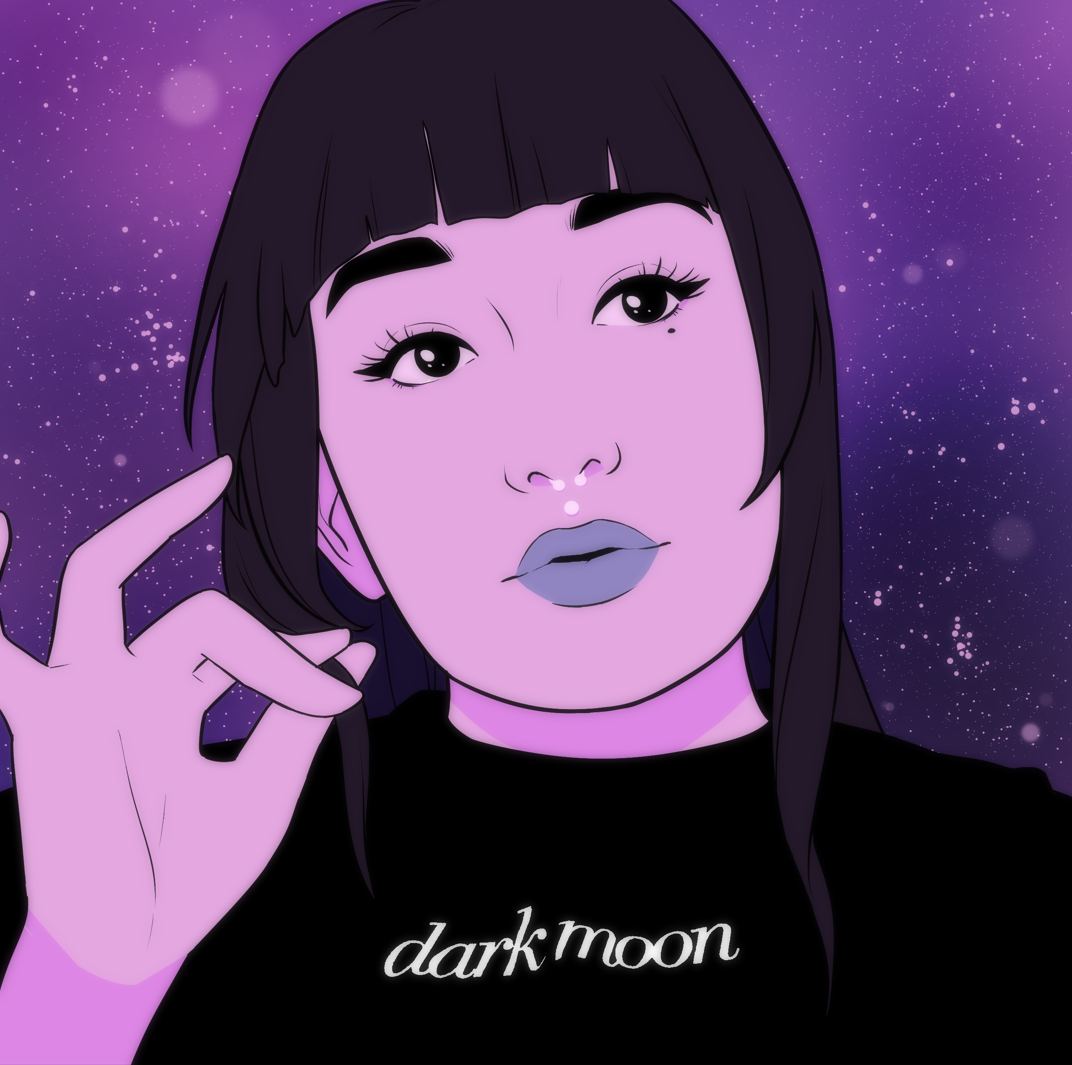 Digital illustration of a woman with dark lipstick and black hair, wearing a black shirt with 'dark moon' written on it, against a purple starry background.