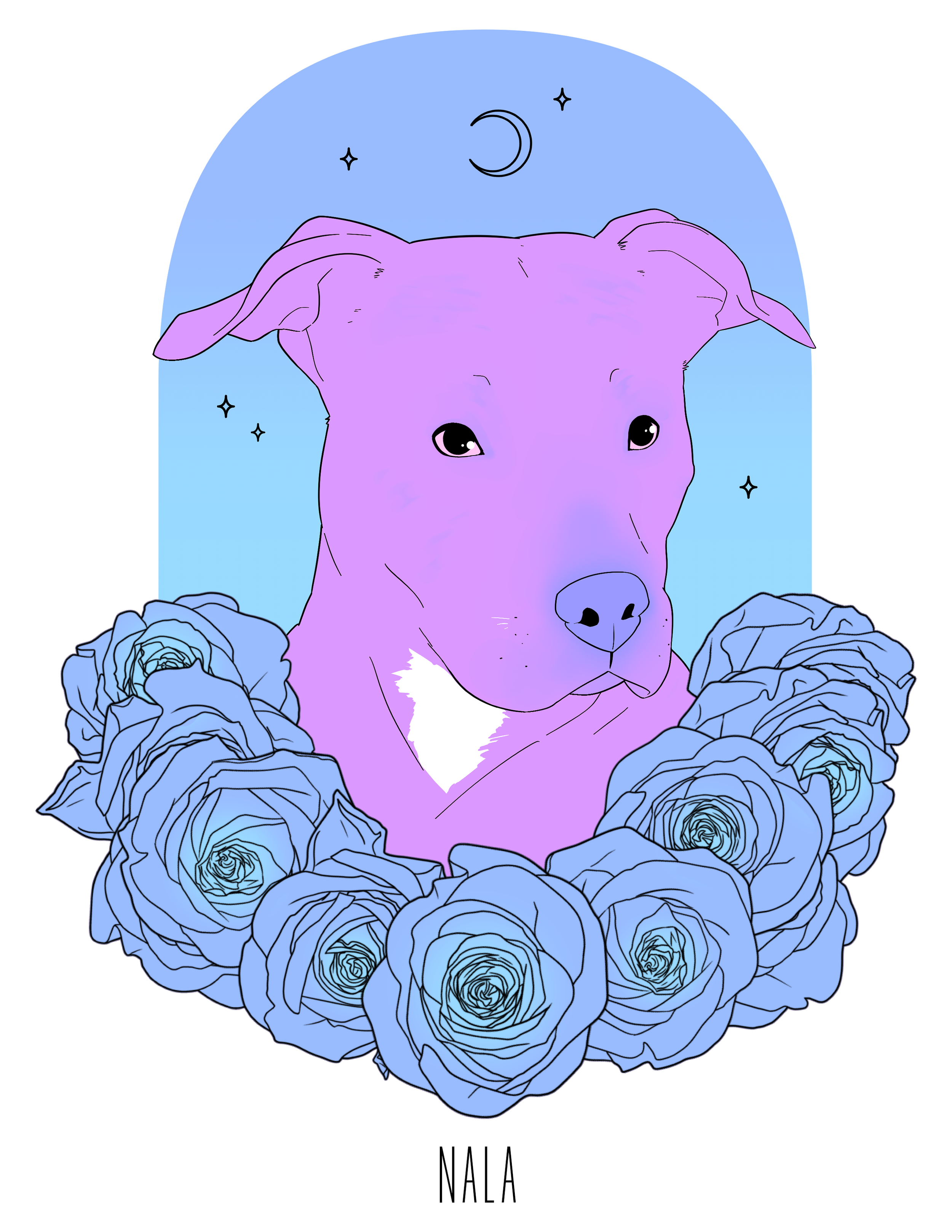 A digital illustration of a purple dog with a white patch on its chest, surrounded by blue roses. The background features a blue semi-circle with a crescent moon and stars, and the words 'NALA' are written below the illustration.