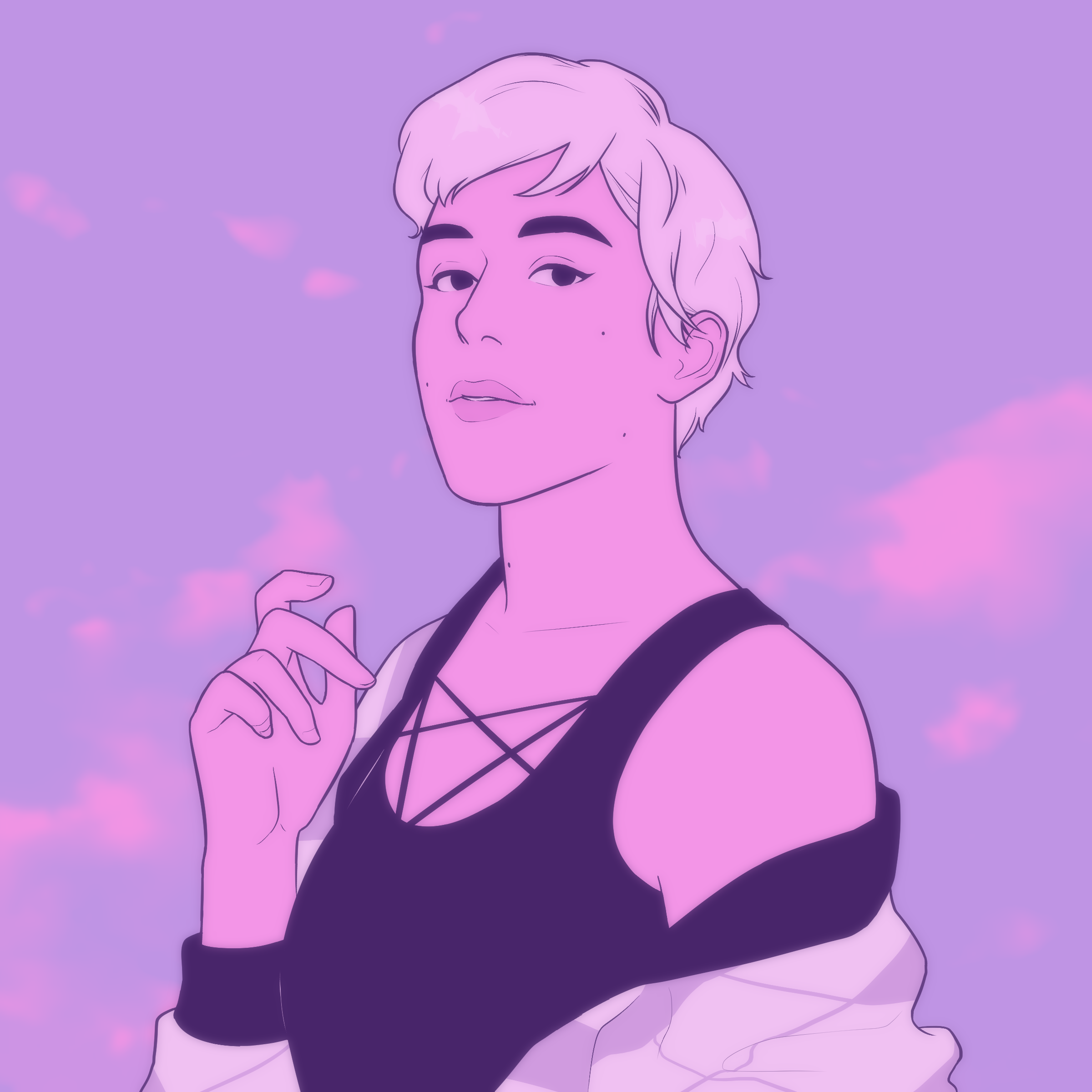 Digital illustration of a person  with short hair, wearing a black sports bra with pentagram straps, with their hand near their  face, set against a purple background with soft pink clouds