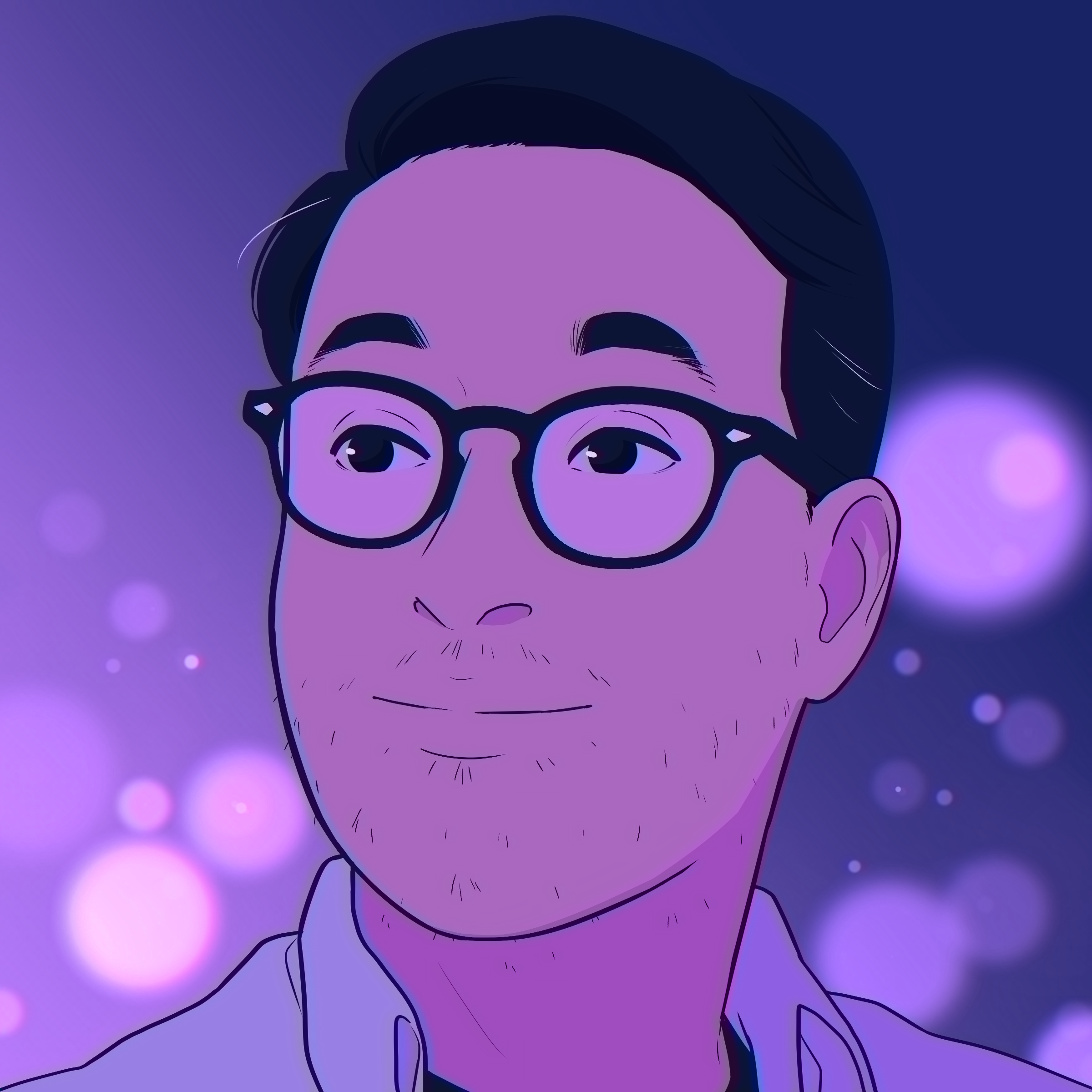 Digital illustration of a person's face with glasses, with closed eyes, smiling, against a purple background with floating bokeh lights.