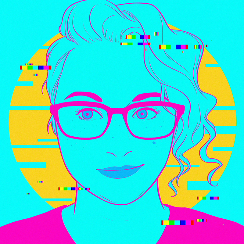 Digital illustration of a person with glasses and curly hair, with a yellow half-circle behind them, and digital glitch effects and color distortions.