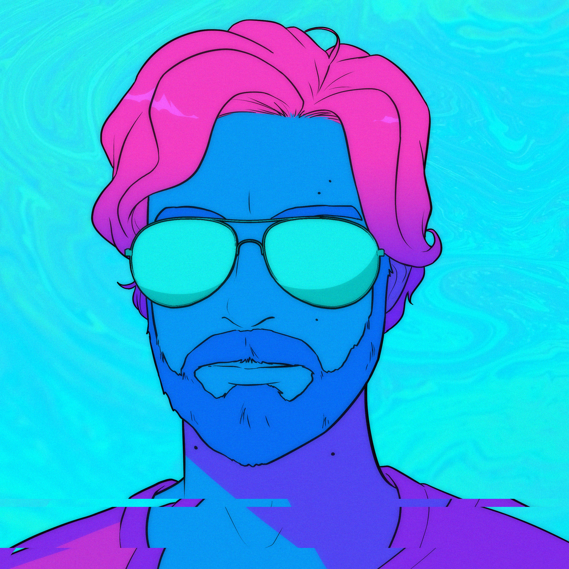 A colorful, stylized illustration of a person with pink hair and a blue beard, wearing sunglasses against a trippy blue background.