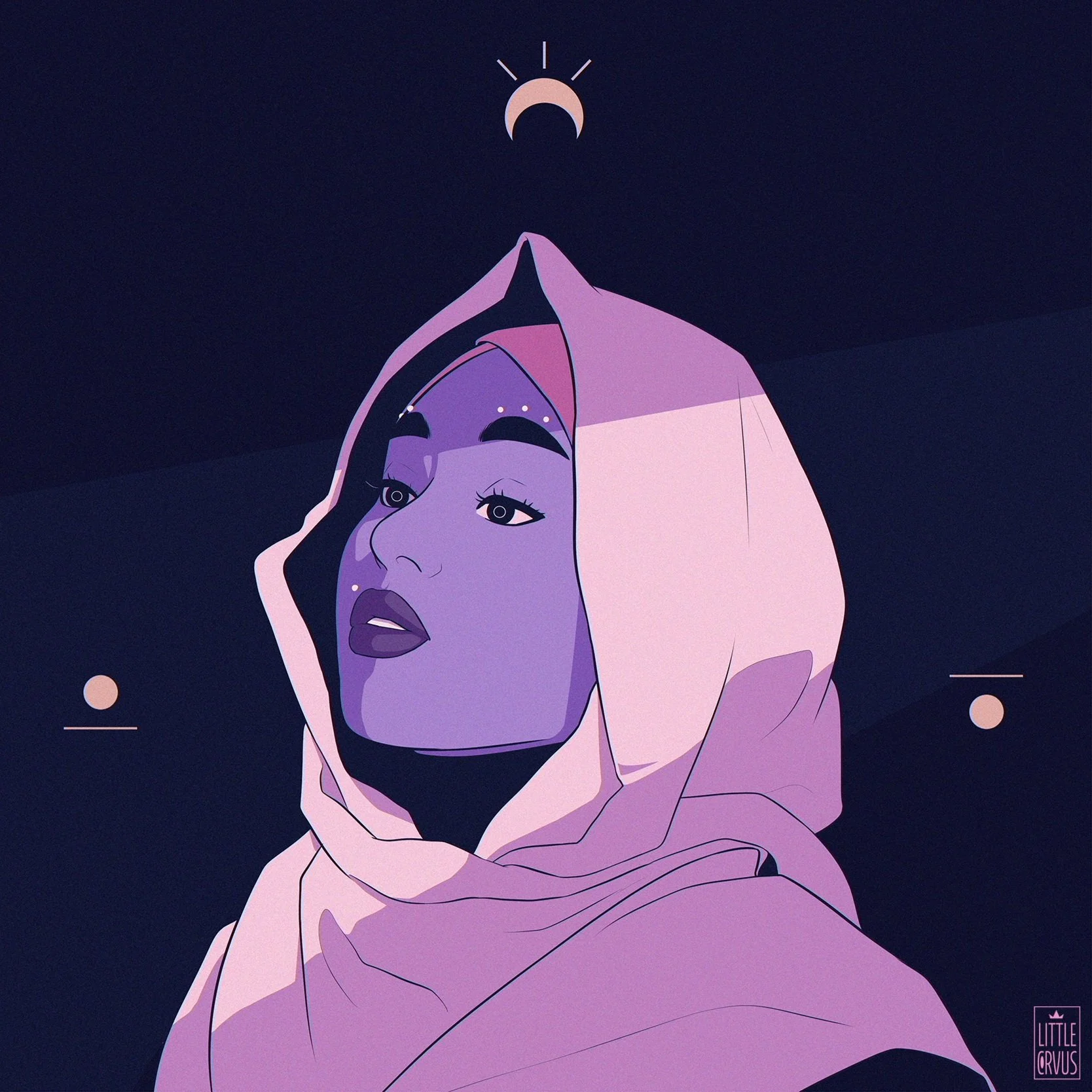 Digital illustration of a woman wearing a hooded garment, with short hair, looking to the side, depicted in purple tones against a dark background with a minimalist crescent moon and sun icon above her head.