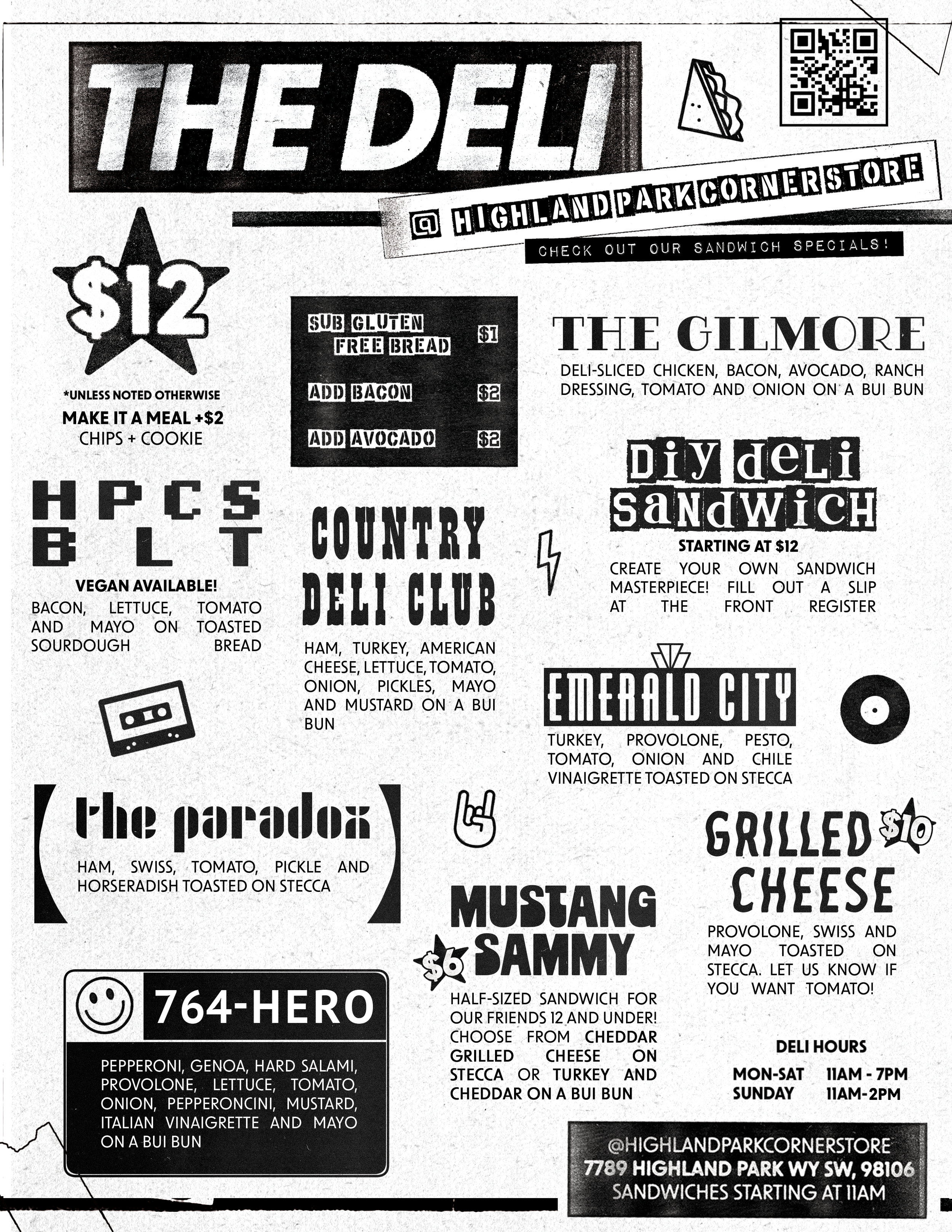 Black and white flyer for Highland Park Corner Store featuring sandwich specials, prices, menu options, and hours of operation.
