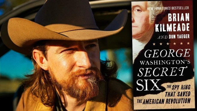 Christian Wallace beside the cover of George Washington’s Secret Six, as featured in Deadline.