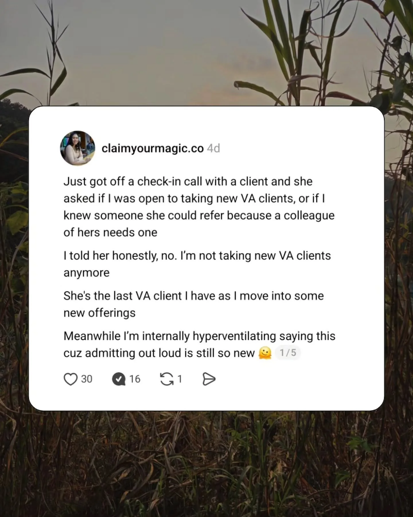 A little biz reflection from a client call that really stayed with me 💭

Sometimes you think you&rsquo;re closing one chapter&hellip;
and someone casually points out a door you hadn&rsquo;t even considered yet 🚪

Swipe to read the story ➡️

PS I'm 