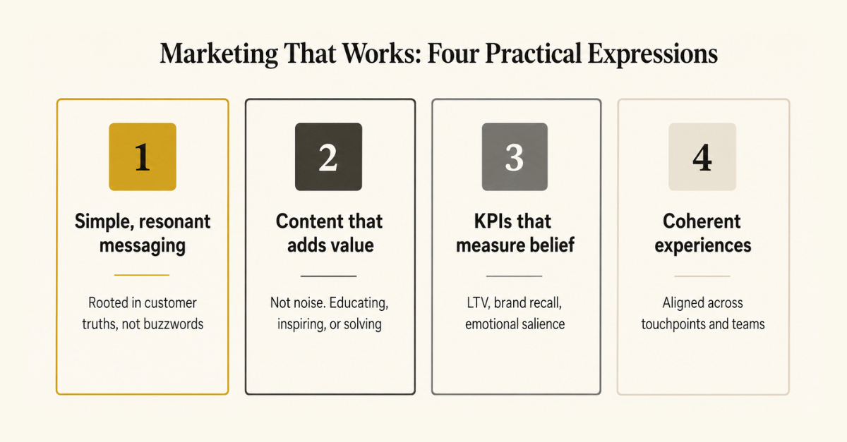 Four cards showing practical marketing expressions that build clearer brand belief.