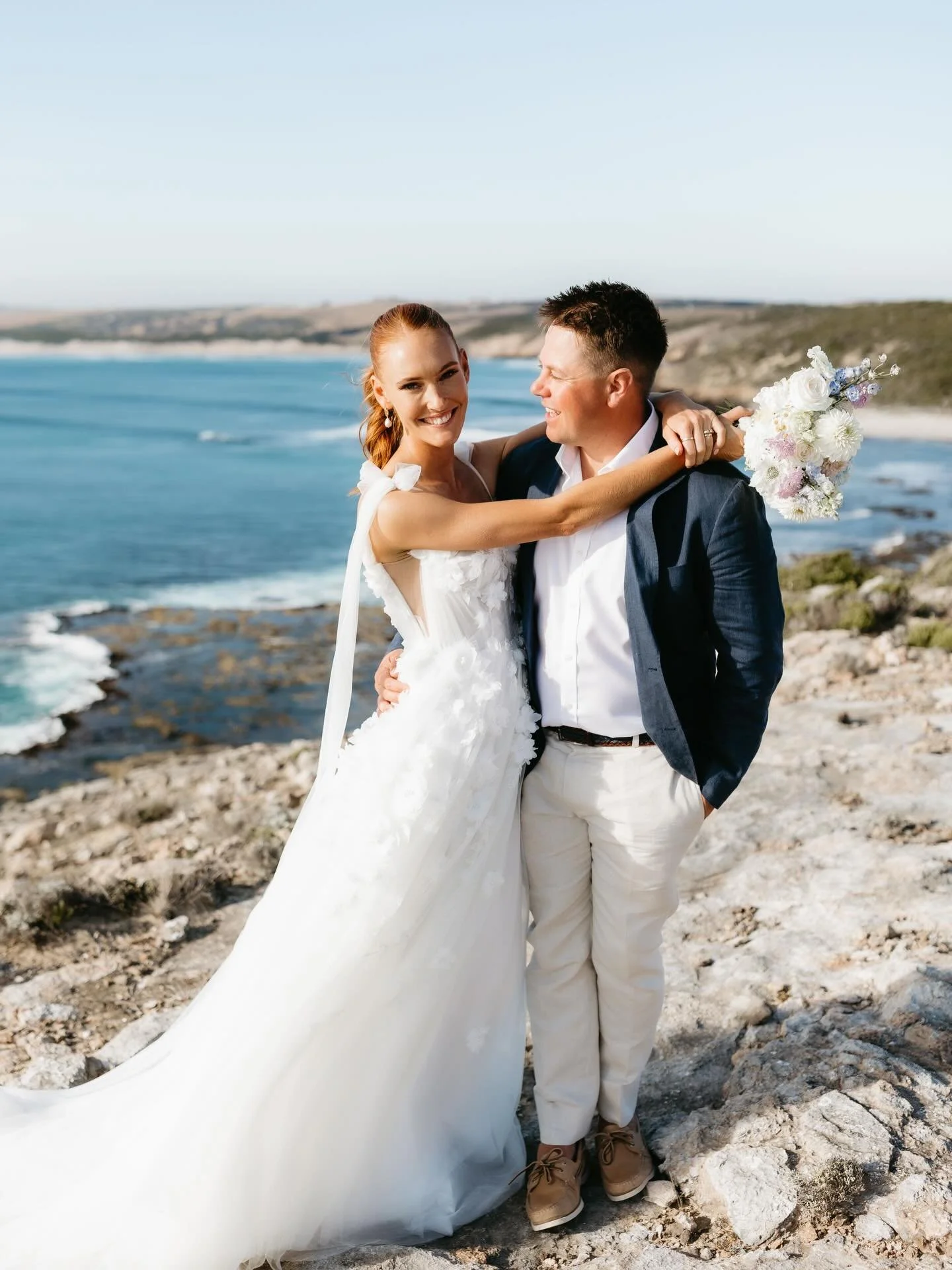 Cape Bridgewater was the most magical setting for Gabby and James. As the weather gently warmed through the day and with the sounds of the ocean nearby, I designed with hydrangeas, dahlias, delphinium, roses and cosmos to create a beautiful tablescap