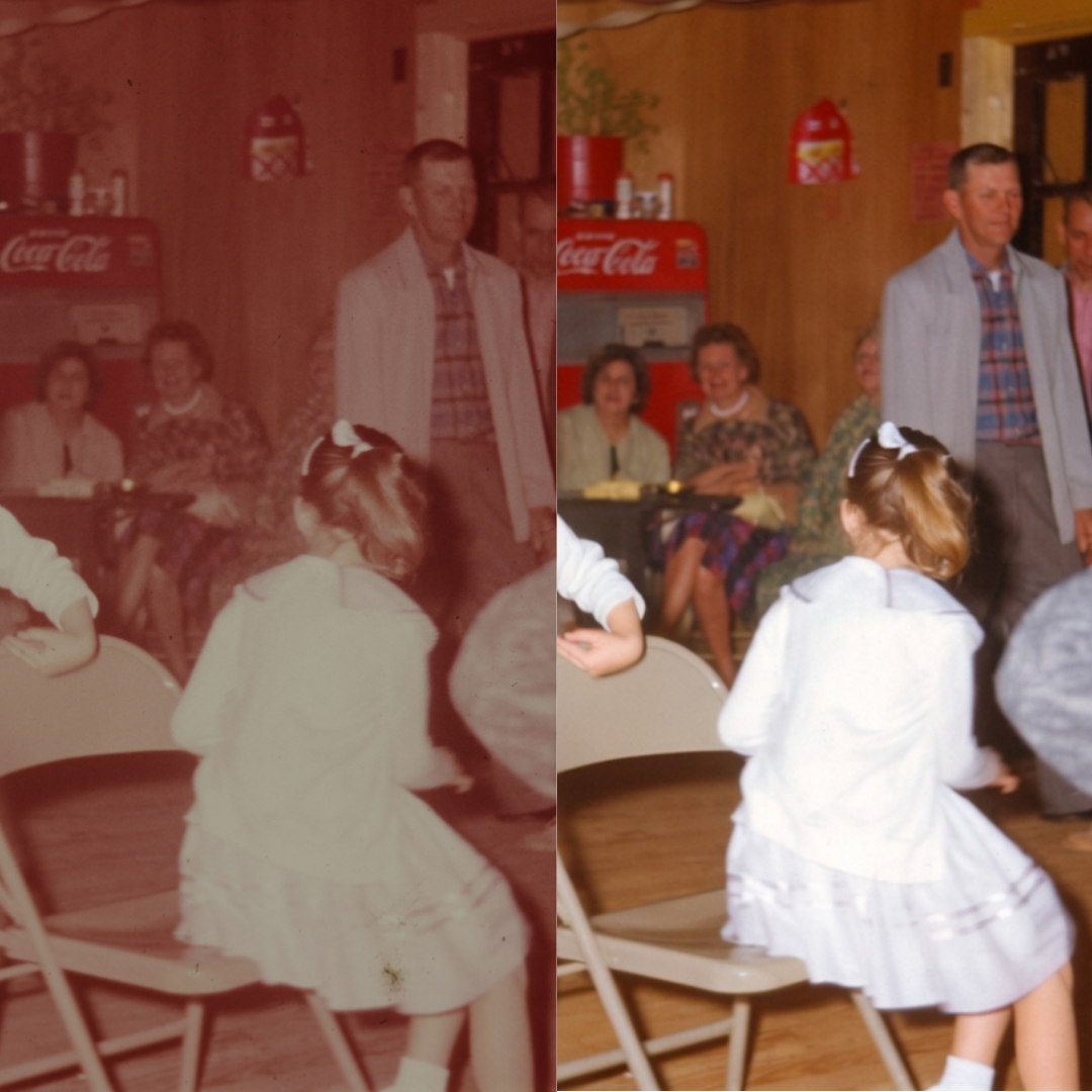 Before and after by Nobles Imaging Lab of a girl sitting on a chair in a room of people.