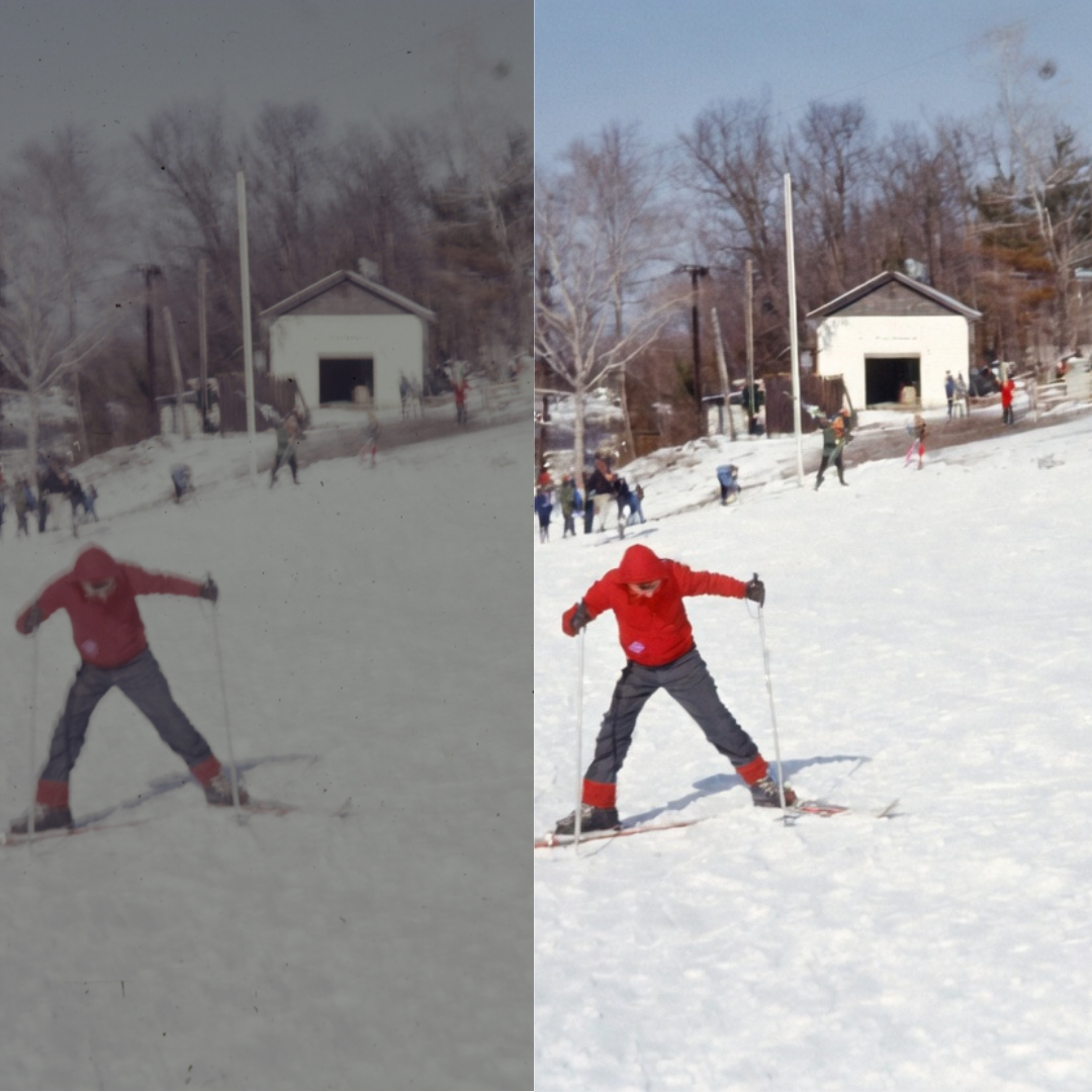 Comparison of two photos showing a child in red winter clothing skiing on snow. The left photo is blurry and dark, while the right photo is clear and bright, before and after from, nobles Imaging Lab- Hingham and Plymouth, MA.