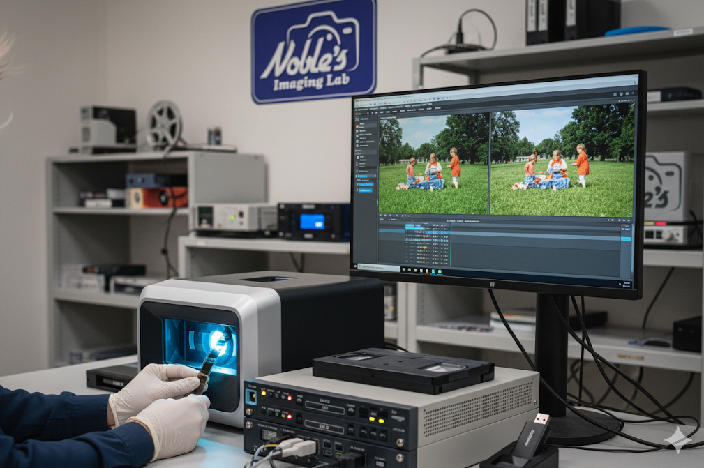 Close-up of a person handling a film strip in a photo imaging lab with a computer monitor displaying a photo editing software showing a picture of children outdoors