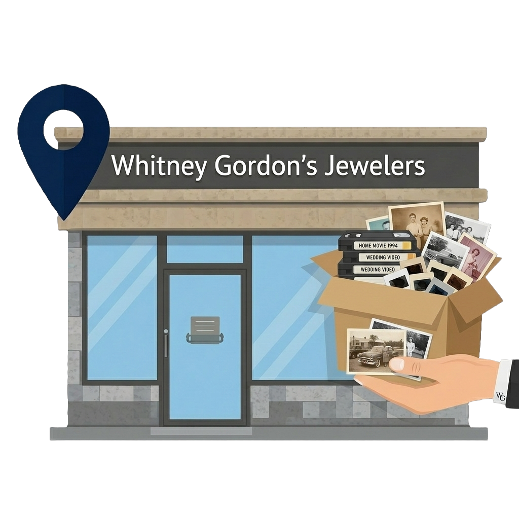 A storefront with a sign that reads 'Whitney Gordon's Jewelers,' a large blue location marker icon, and a hand holding a box filled with vintage photographs and VHS tapes labeled and ready to be digitized by nobles imaging Lab