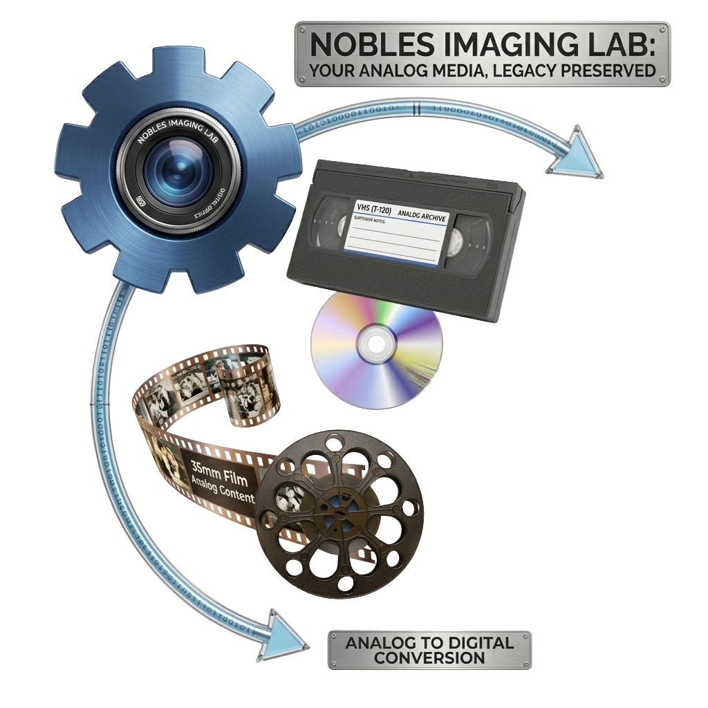 Diagram illustrating the process of analog to digital analog media preservation, featuring a large gear with a camera lens, a VHS tape, a CD, a film reel, and an arrow indicating conversion from analog to digital at the bottom, with labels for Nobles Imaging Lab and analog to digital conversion.