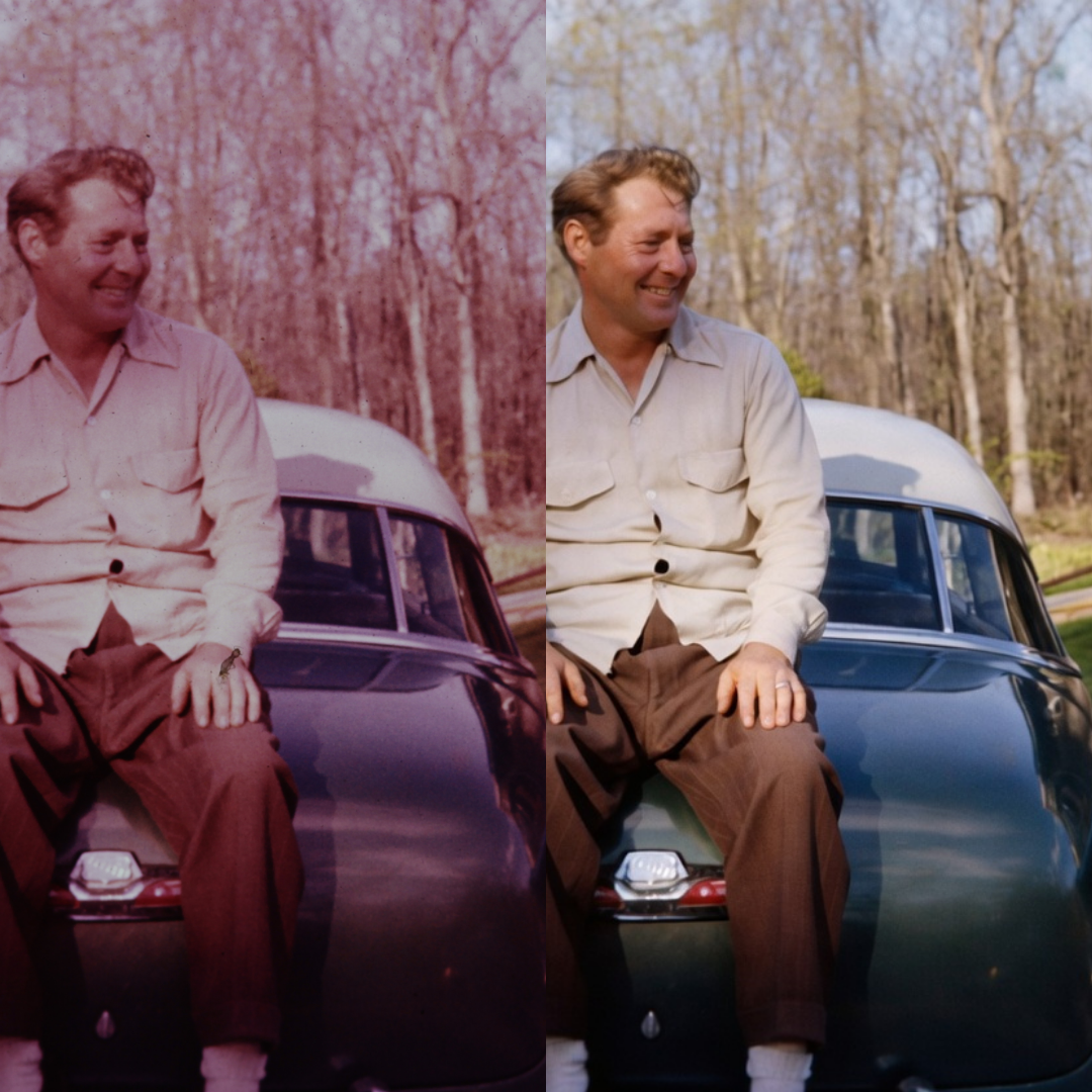 Side-by-side comparison of an old photograph and a restored color photo  before and after from Nobles Imaging Lab, Hingham and Plymouth, MA.