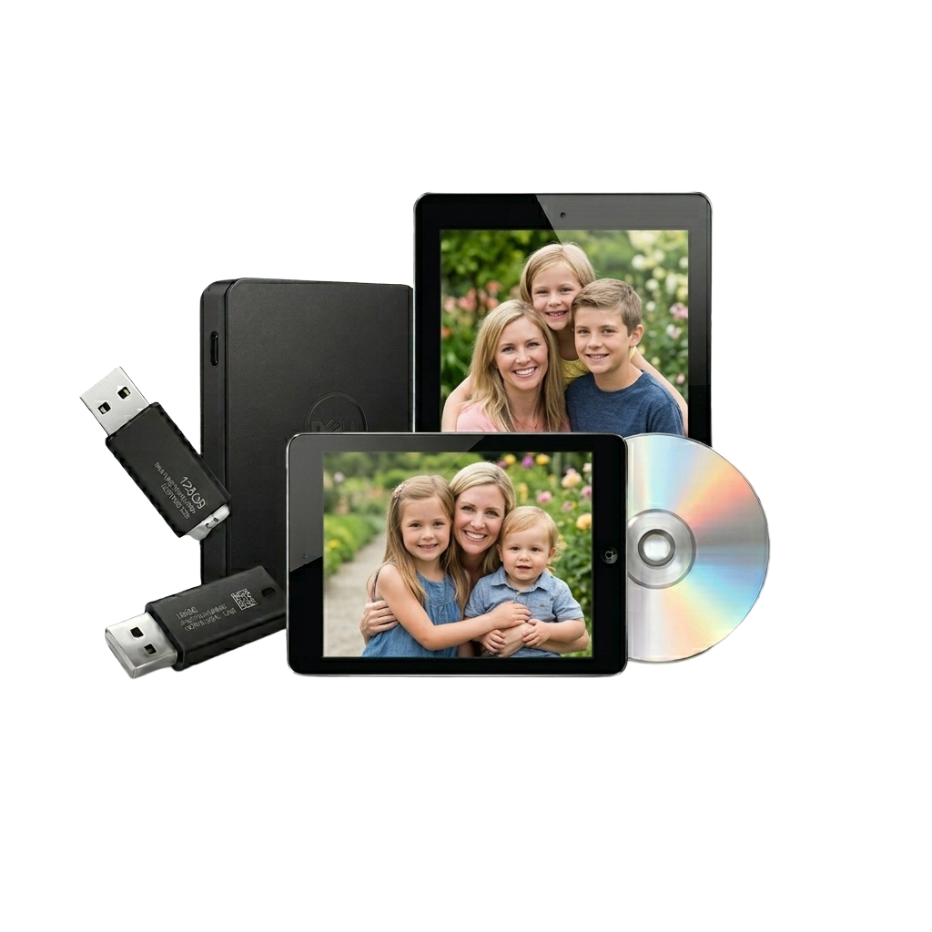 Digital photo storage devices including two tablets, two USB flash drives, a hard drive, a CD, and two printed photos of a woman with two children outdoors completed by nobles Imaging Lab, Hingha-Plymouth and south Shore