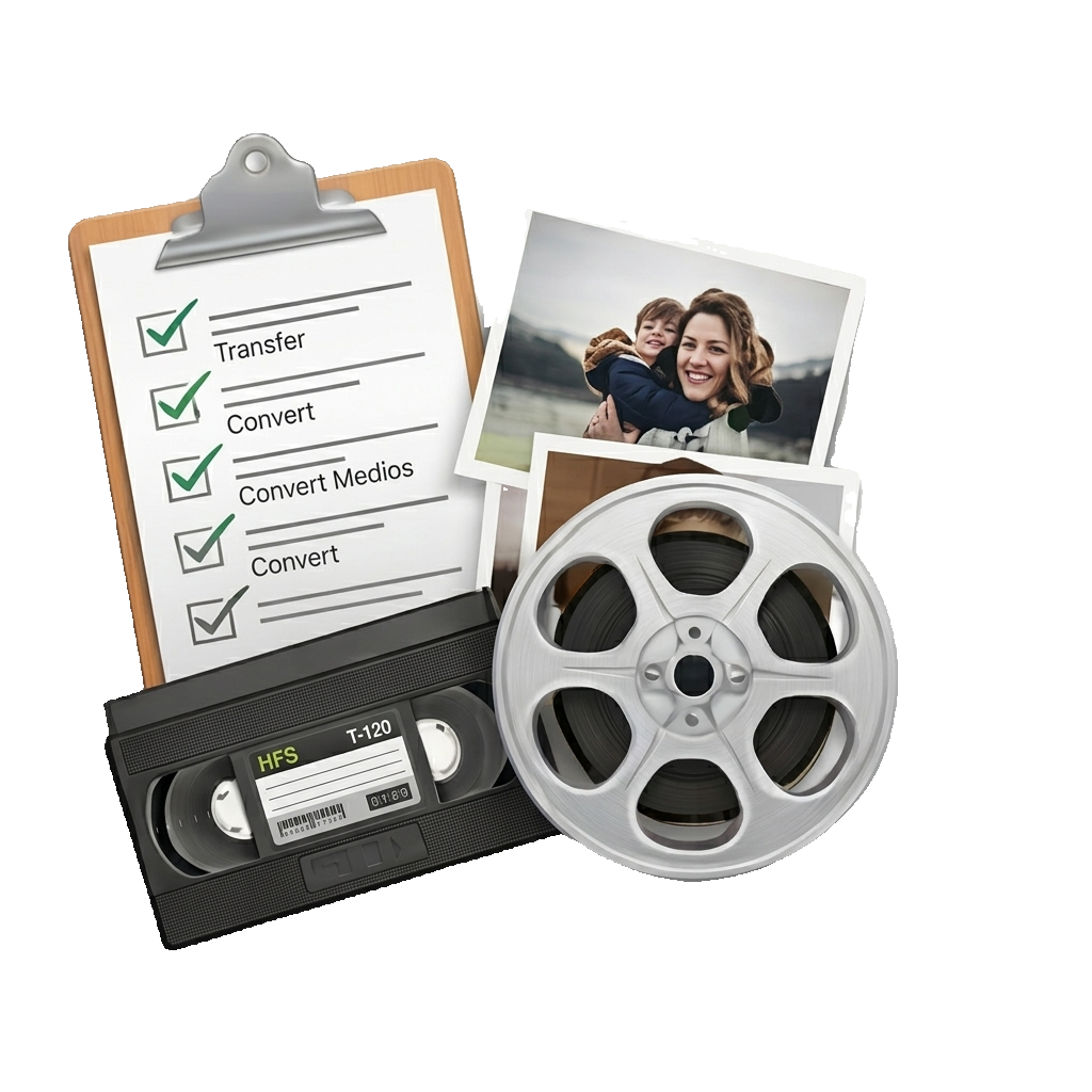 A collection of vintage items including a film reel, a cassette tape, printed photographs of a woman and child, and a clipboard with a checklist labeled 'Transfer,' 'Convert,' and 'Convert Media'. Nobles Imaging Lab Hingham , Plymouth, South Shore