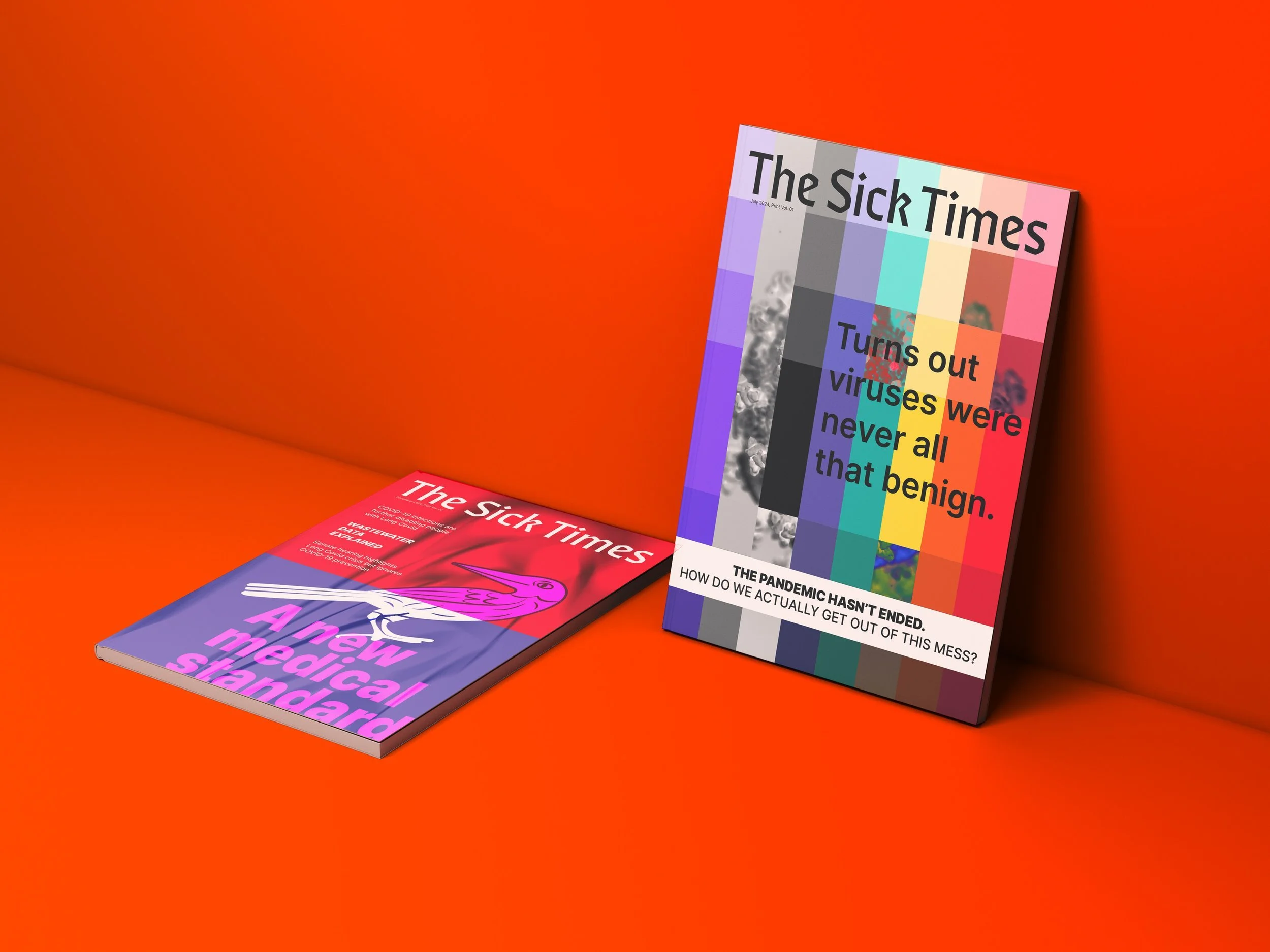 Two magazines, titled "The Sick Times," propped against