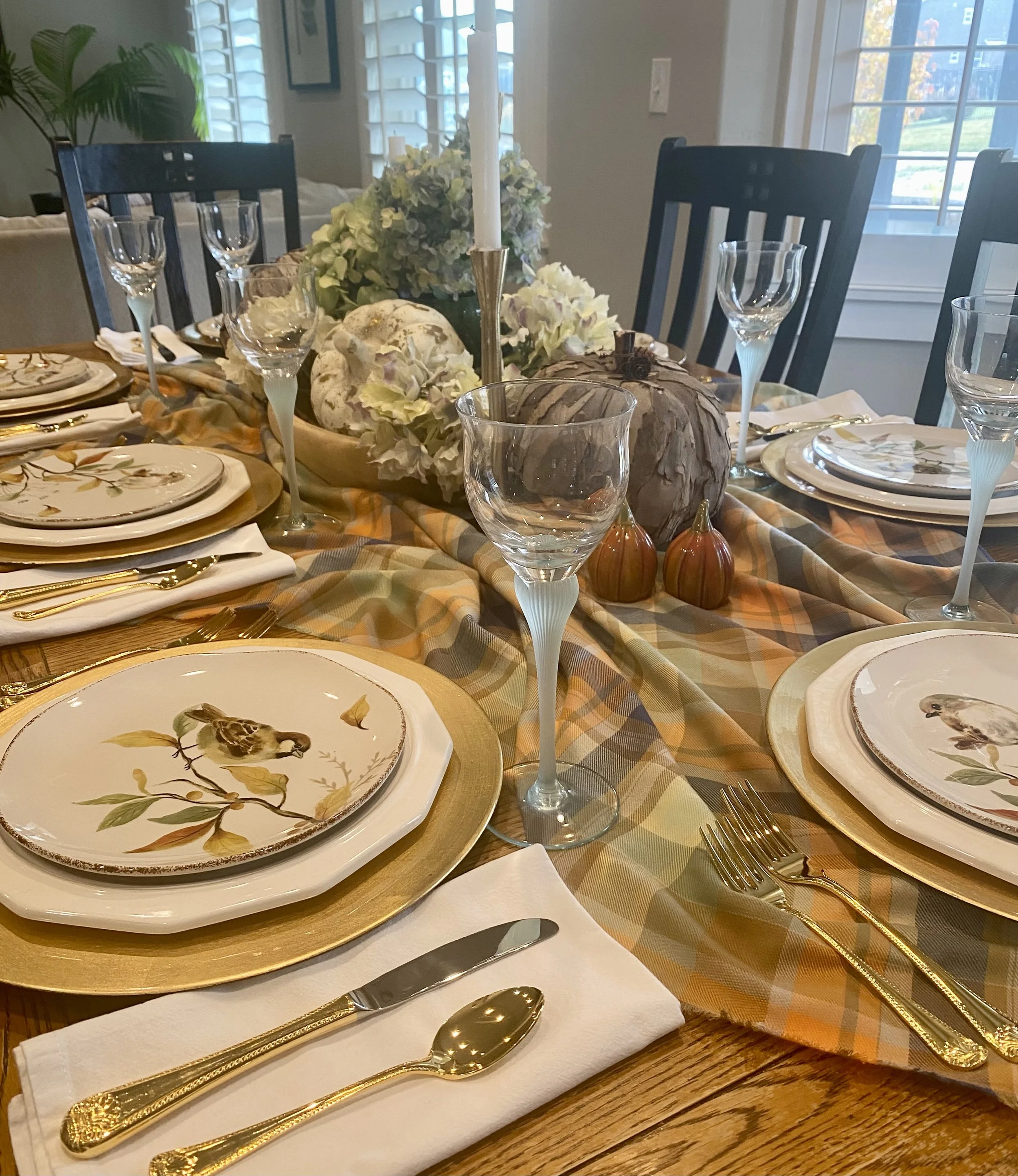 Thanksgiving tablescape with plaid in tan, green and blue