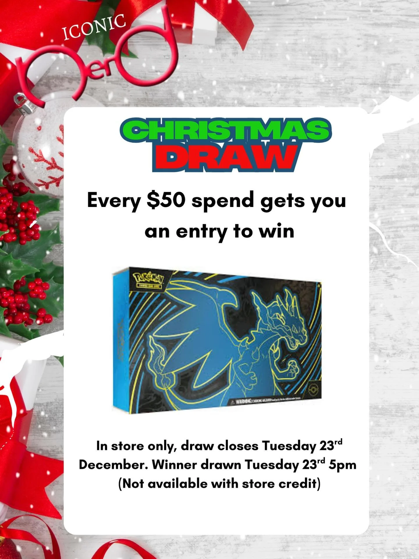 🎅 🎅 CHRISTMAS GIVEAWAY 🎄 🎄 

We are giving away a Mega Charizard UPC ‼️ 😱😱

Come into Iconic Nerd for all your Christmas presents 🎁 and get entries into our Christmas draw ✍️ 

Winner will be drawn on Tuesday December 23rd at 5pm 🕔 

Our Chri