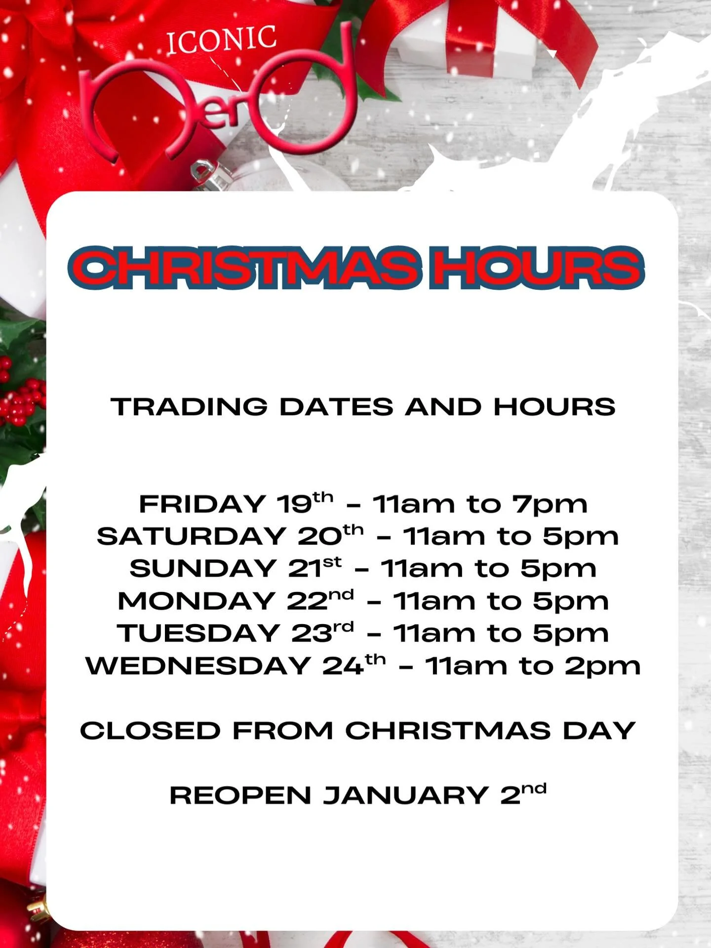 📅 📅 CHRISTMAS DATES AND HOURS 🕚 🕚 

Yes we are open now until Christmas 🎄 

We will be closing from Christmas Day until January 2nd 🚧 

Over this time Iconic Nerd is moving our shop around to launch a bunch of new products and services coming i