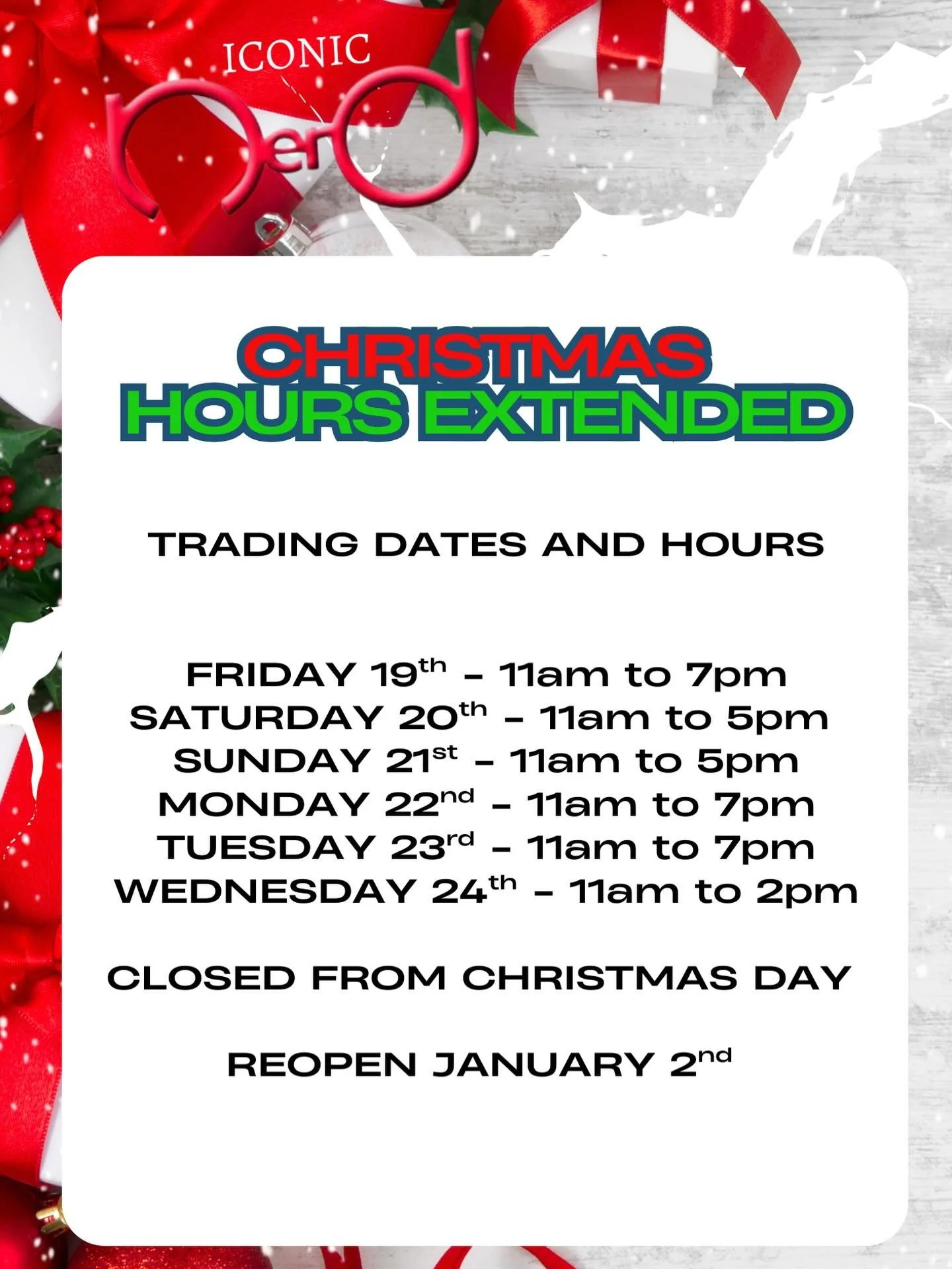 🎄 🎄 CHRISTMAS HOURS EXTENDED 🕚 🕚 

We are open MONDAY, TUESDAY &amp; WEDNESDAY this week 🚨🚨

Also now staying open Monday and Tuesday until 7pm to help get those last minute gifts in 🎁 

🎄 Christmas hours 🕚 
Sunday 21st - 11am to 5pm
Monday 