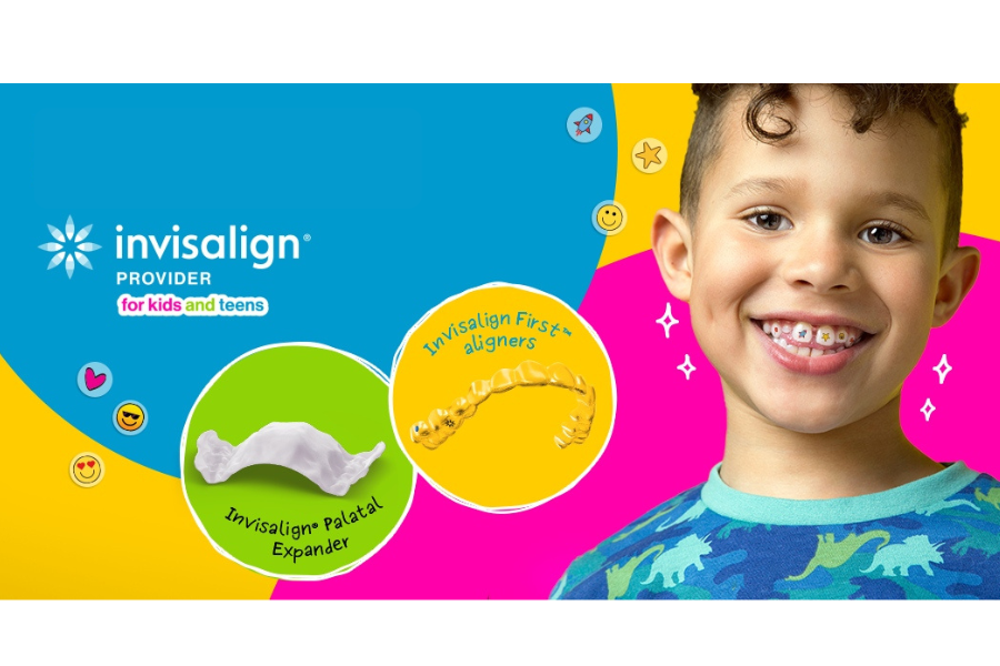 Happy boy showing off a dental device and teeth with braces in an colorful promotional advertisement for Invisalign Kids and Teens.