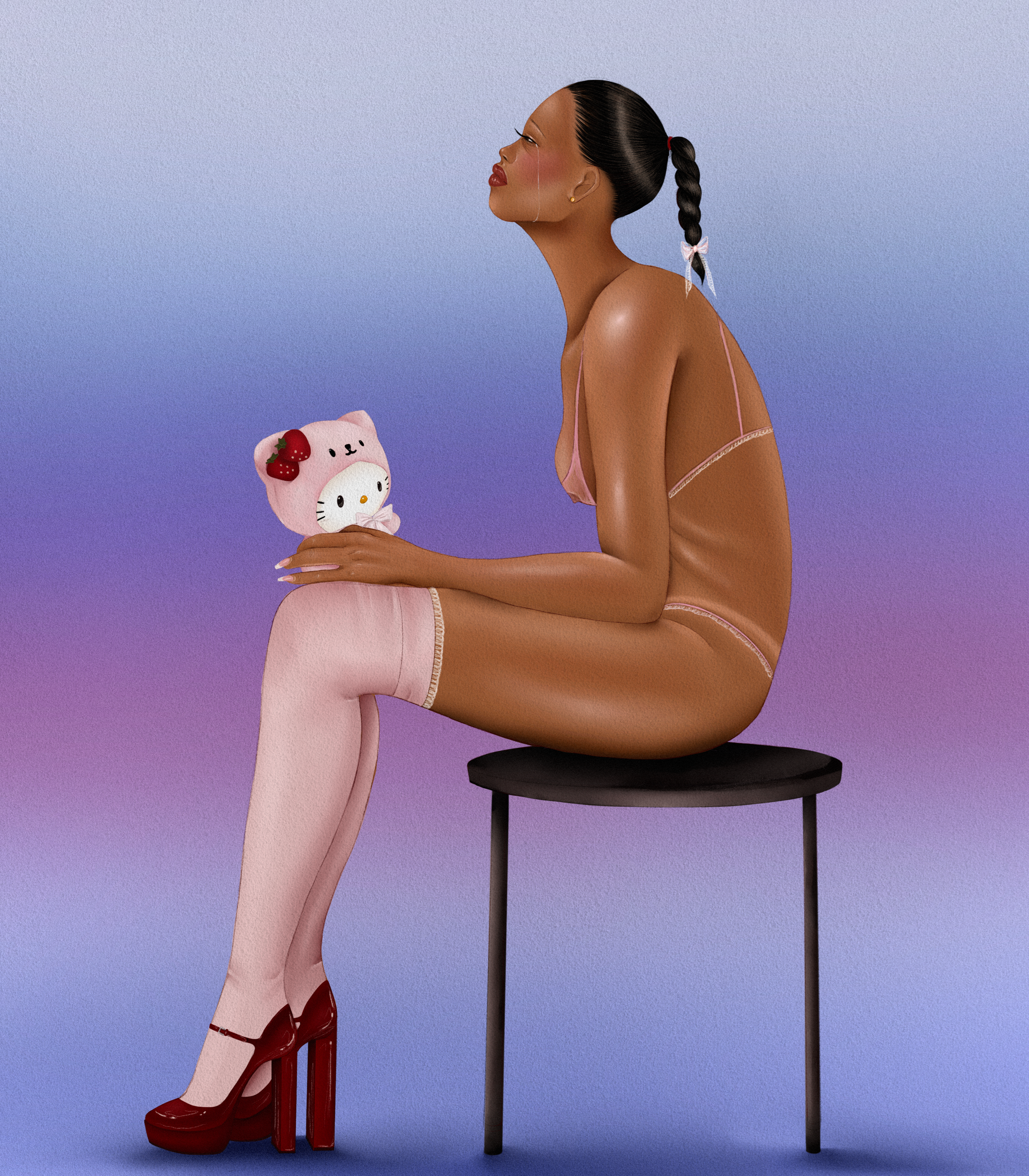 Figurative painting by Lana Denina Cohen titled “i dont need therapy only hello kitty” depicting a woman being comforted by hello kitty