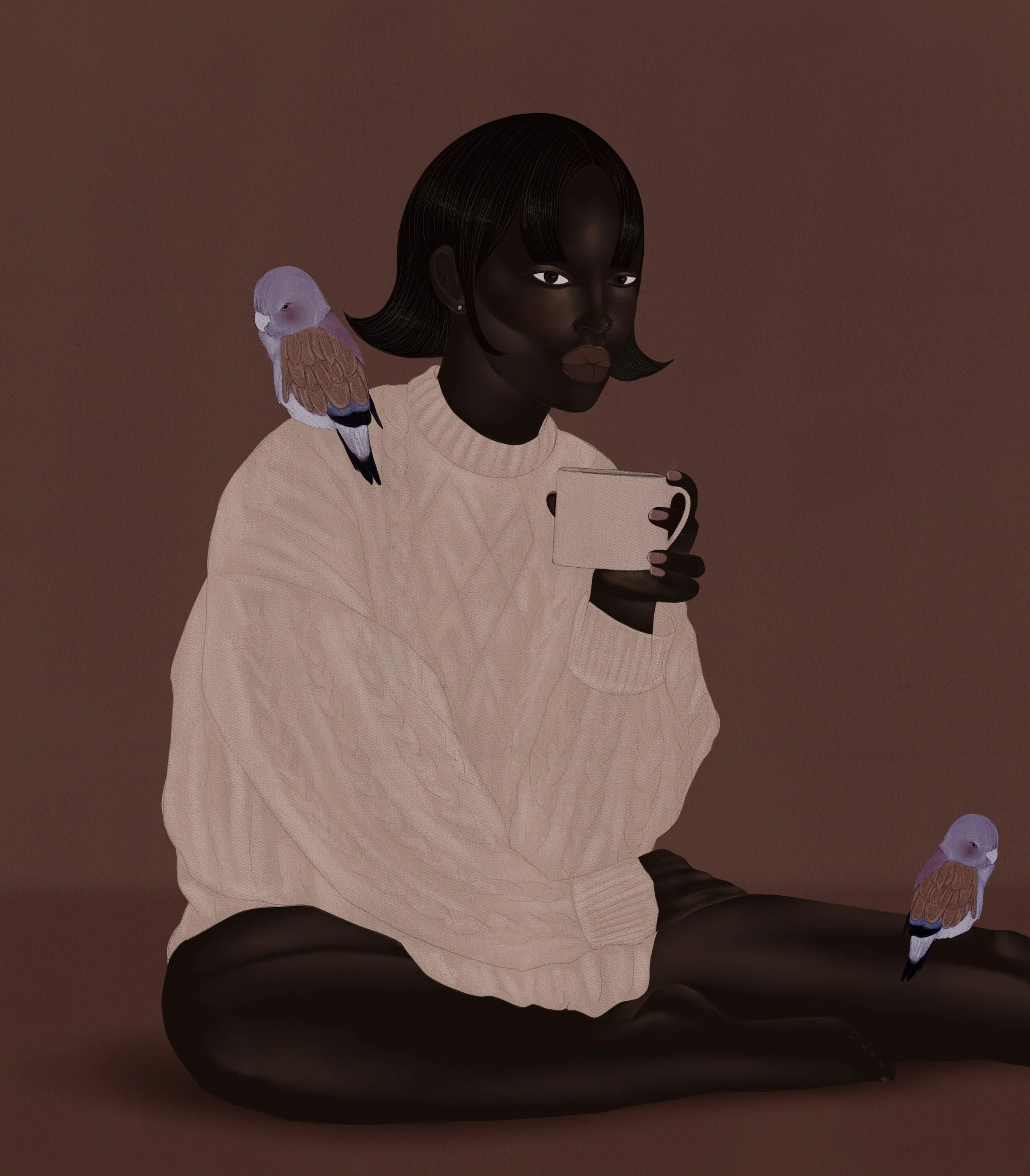 Figurative painting by Lana Denina Cohen titled “Morning Coffee,” depicting an intimate morning ritual centered on solitude, care, and emotional grounding.