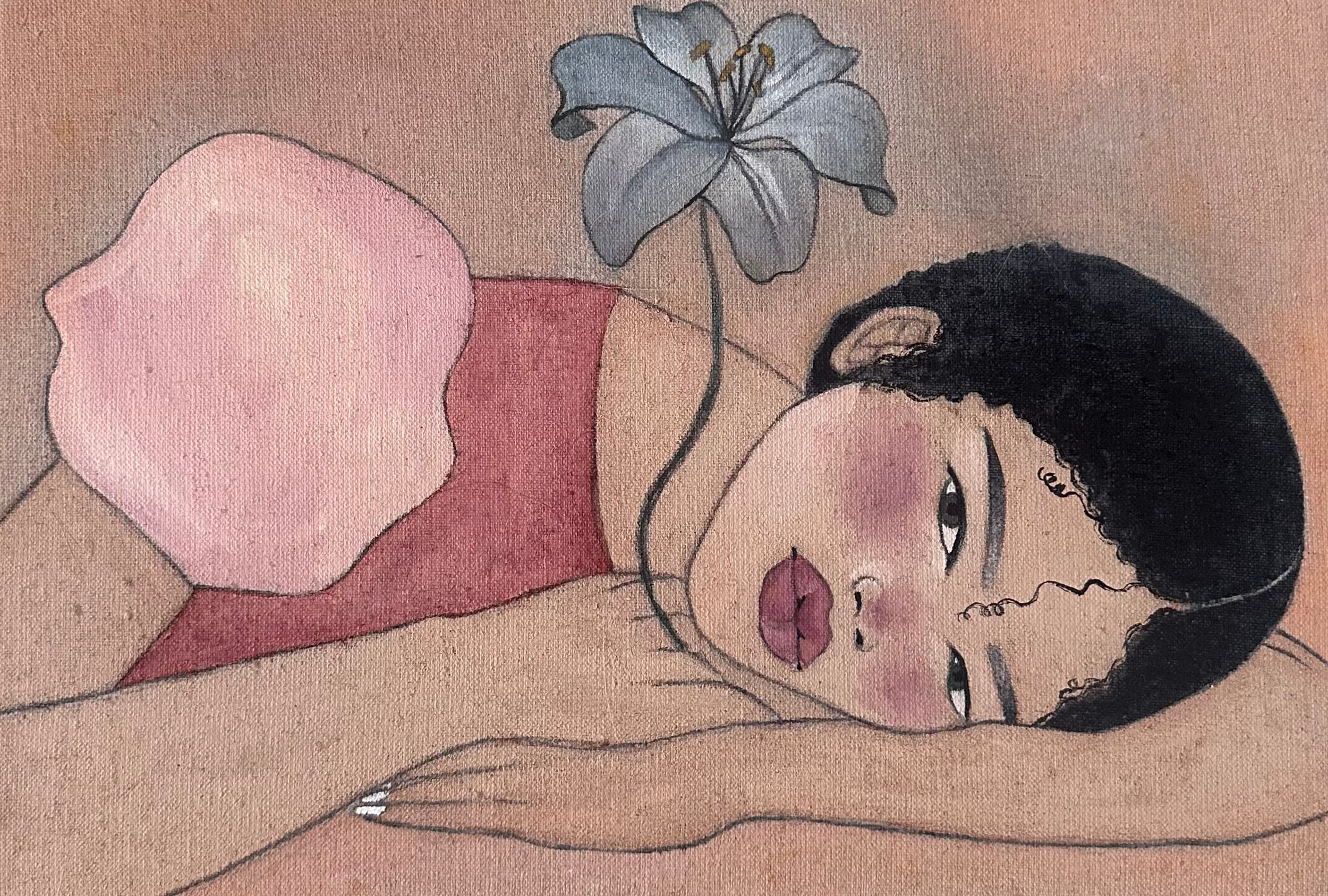 Figurative painting by Lana Denina Cohen titled “uncomfortable conversations” depicting a woman during a conversations that is unpleasant