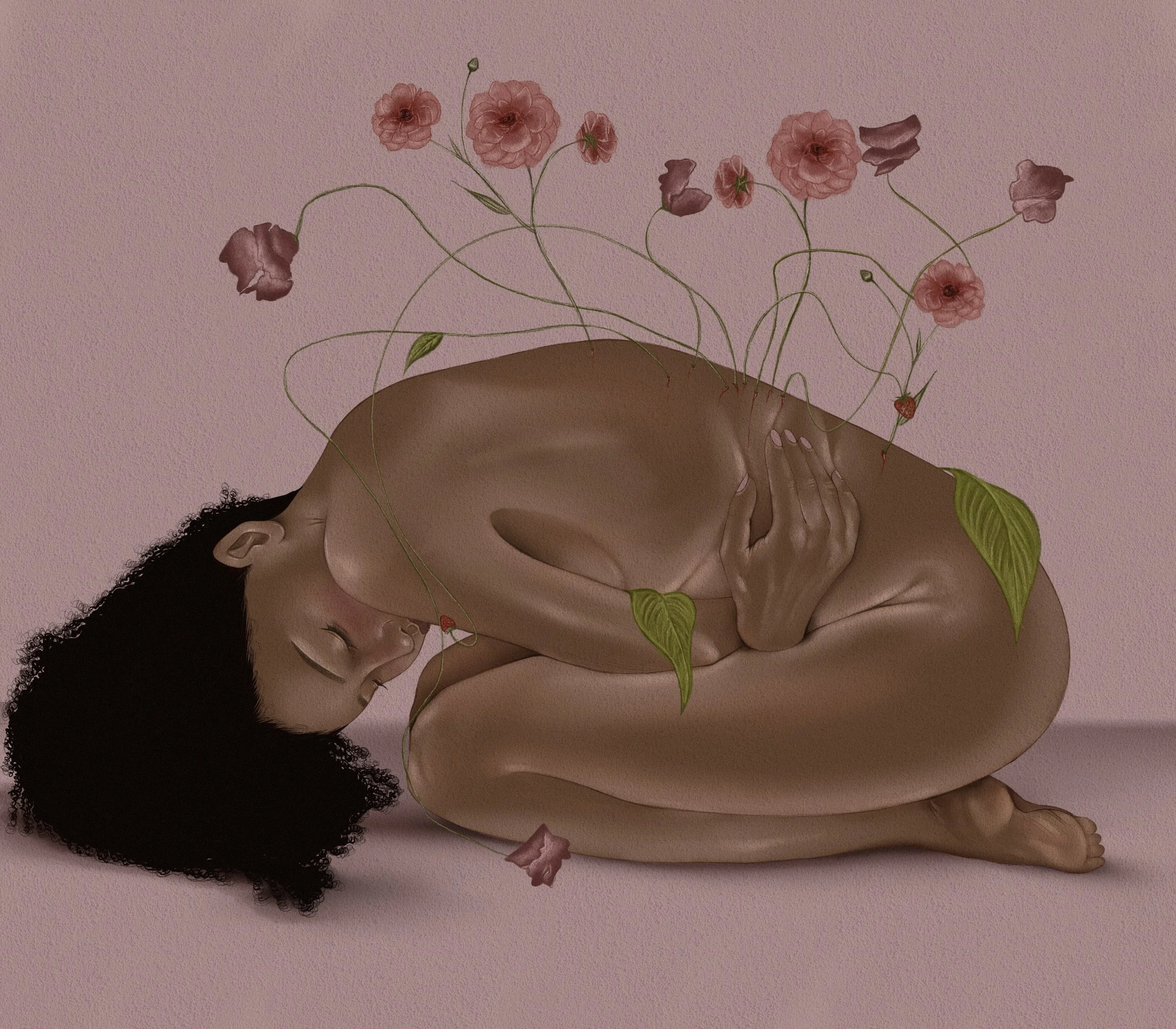 figurative painting by Lana Denina Cohen titled “Morning Coffee,” depicting an intimate morning ritual centered on solitude, healing, and blossoming.