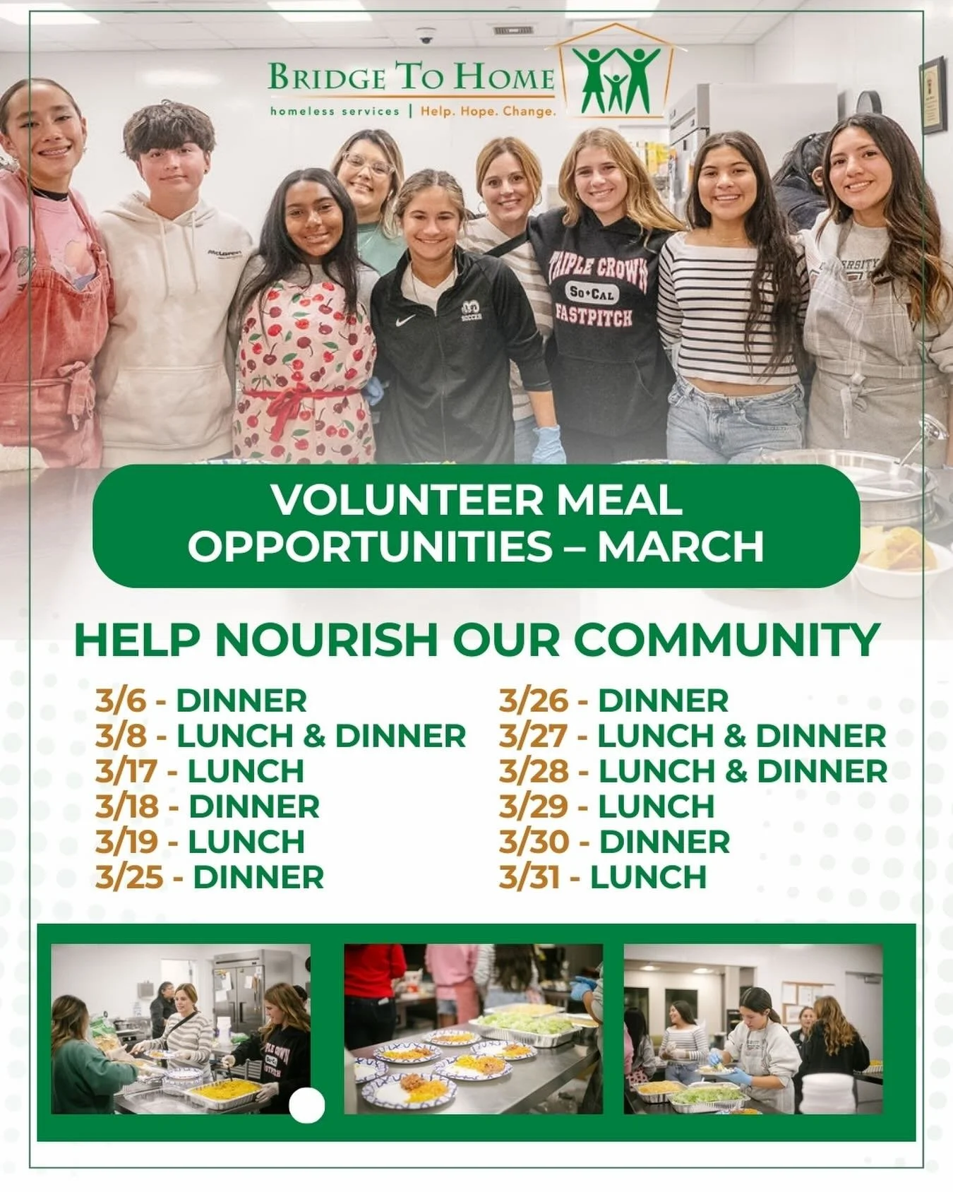 🍽️ Volunteer Meal Opportunities &ndash; March

Help nourish our community by providing a meal for residents at the shelter. We still have several dates available this month!

Gather friends, family, coworkers, or your organization and make a meaning