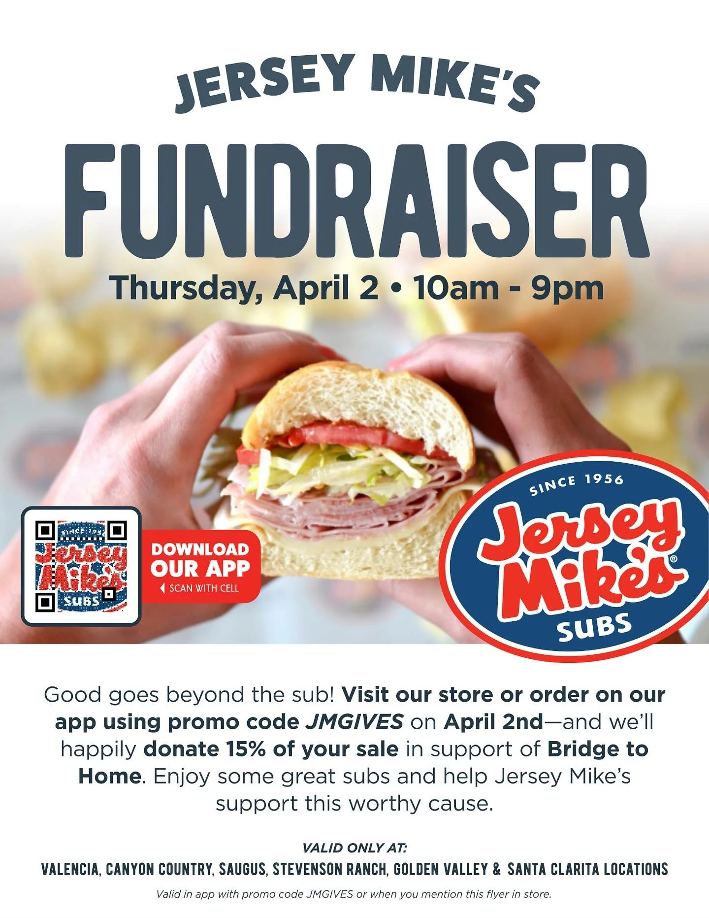 🥪 Make Your Meal Matter! 💚

We&rsquo;re excited to share this awesome community Restaurant Night Fundraiser with all SCV Jersey Mike&rsquo;s Subs locations on Thursday, April 2, 2026!

Grab a sandwich, support Bridge to Home, and help make a differ