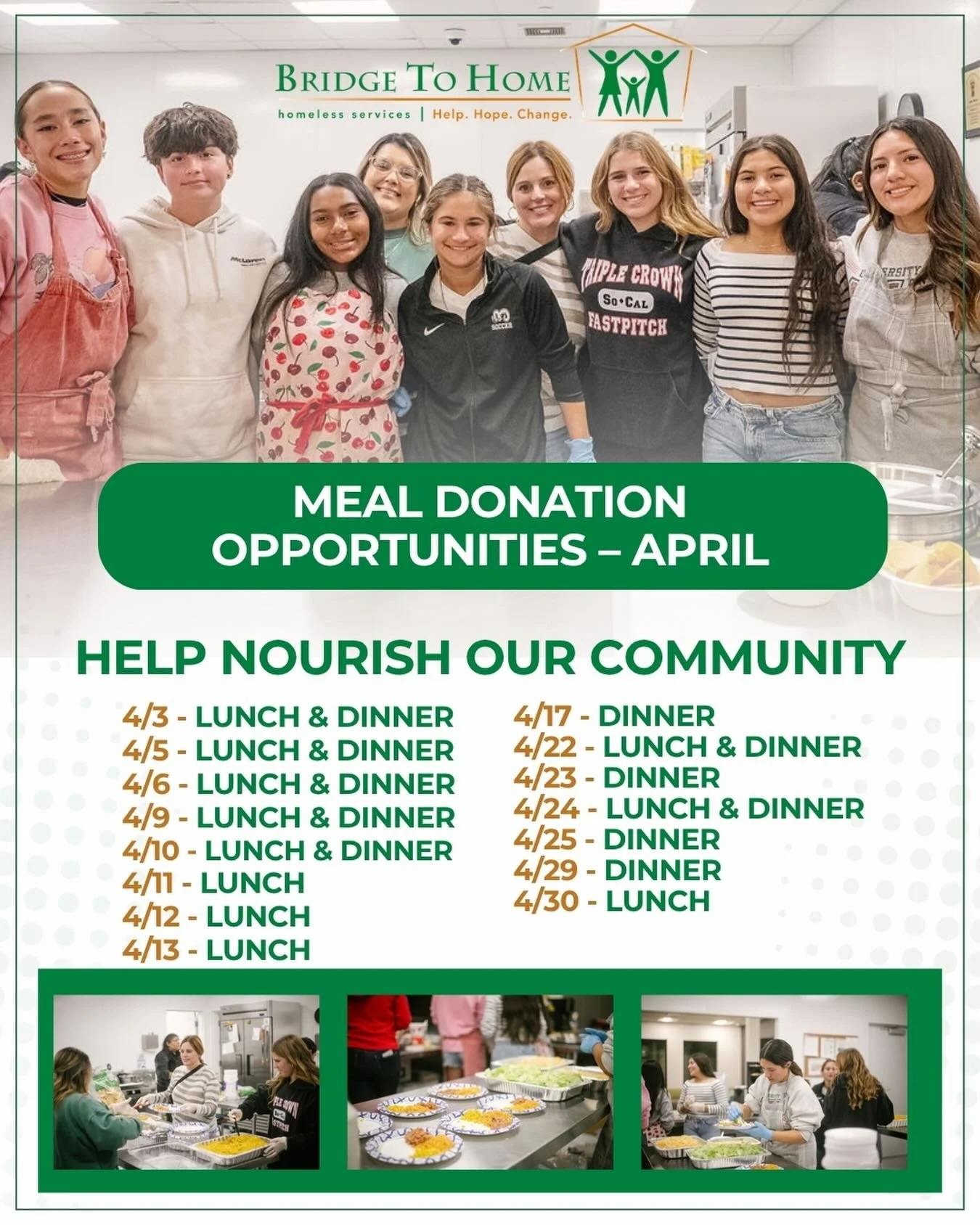 Help. Hope. Change. 💚

🍽️This April, you have the opportunity to help nourish our community by providing a meal for individuals and families experiencing homelessness.

🍽️Together, we&rsquo;re not just serving food, we&rsquo;re creating connection