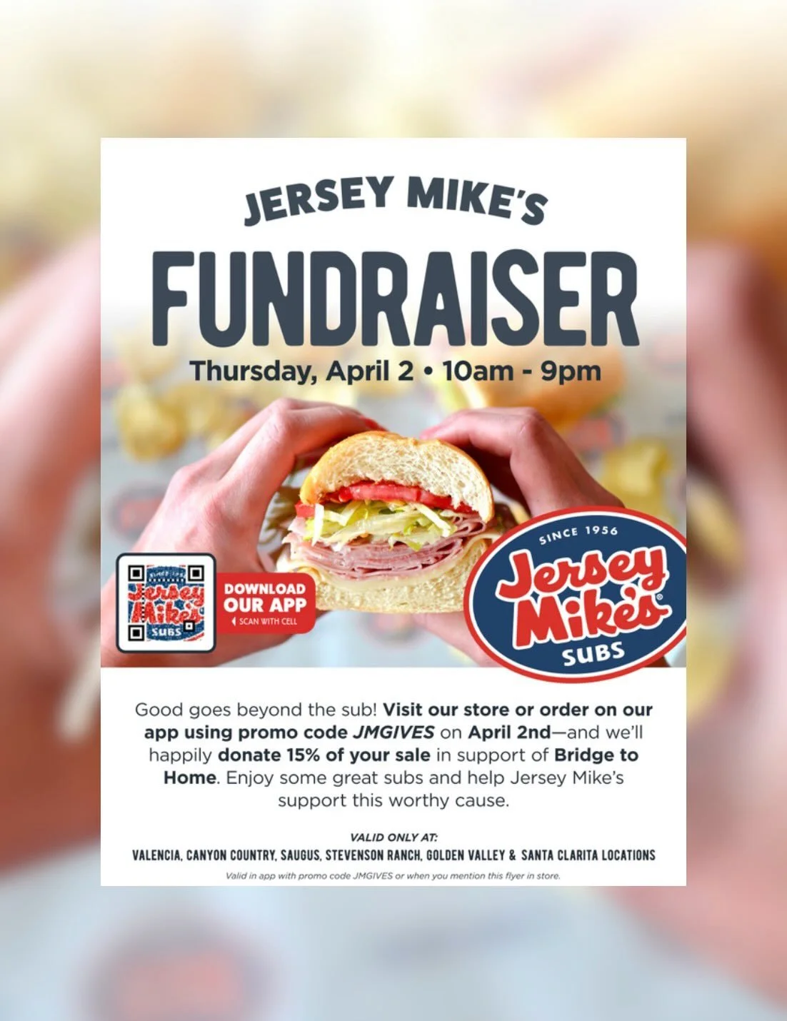 🥪 Make Your Meal Matter TODAY! 💚

Today&rsquo;s the day, Bridge to Home family! Join us at any SCV Jersey Mike&rsquo;s Subs from 10 AM &ndash; 9 PM and turn your meal into meaningful impact.

✨ Bring the flyer (printed or on your phone) when you or