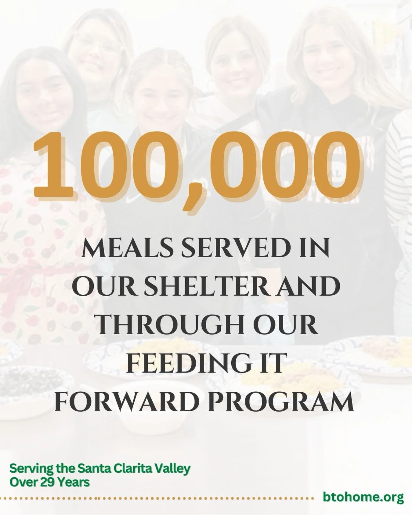 100,000 meals served and every single one represents care, dignity, and hope. 💚

At Bridge to Home, meals are more than nourishment they&rsquo;re a doorway to stability. Through our shelter and Feeding It Forward program, we&rsquo;re providing not j