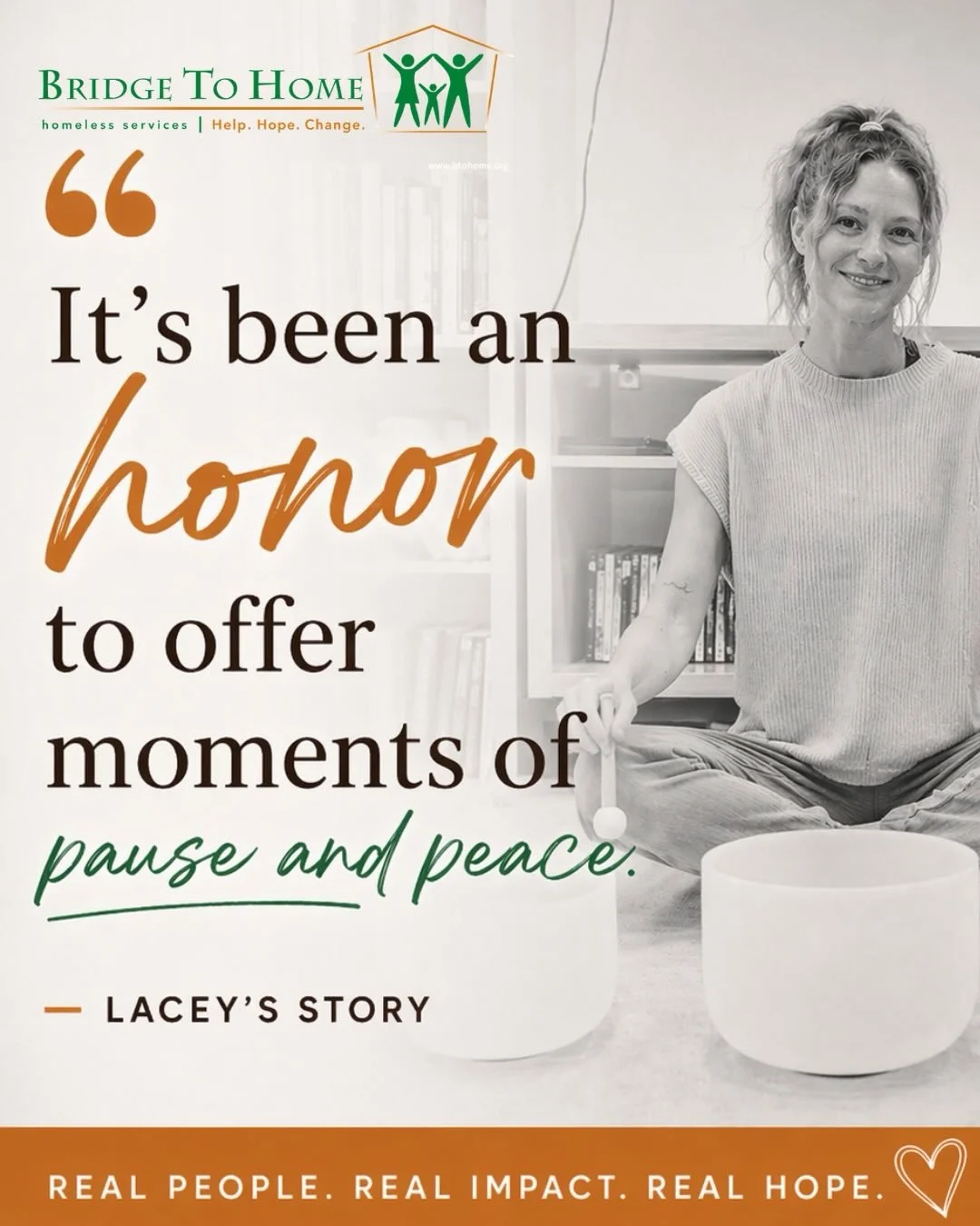 (1/3)

✨Holding Space✨

Some people serve by showing up.
Others serve by creating space for others to heal.

For Lacey, it&rsquo;s both.

After first being introduced to Bridge to Home through her partner, she walked into the shelter and immediately 